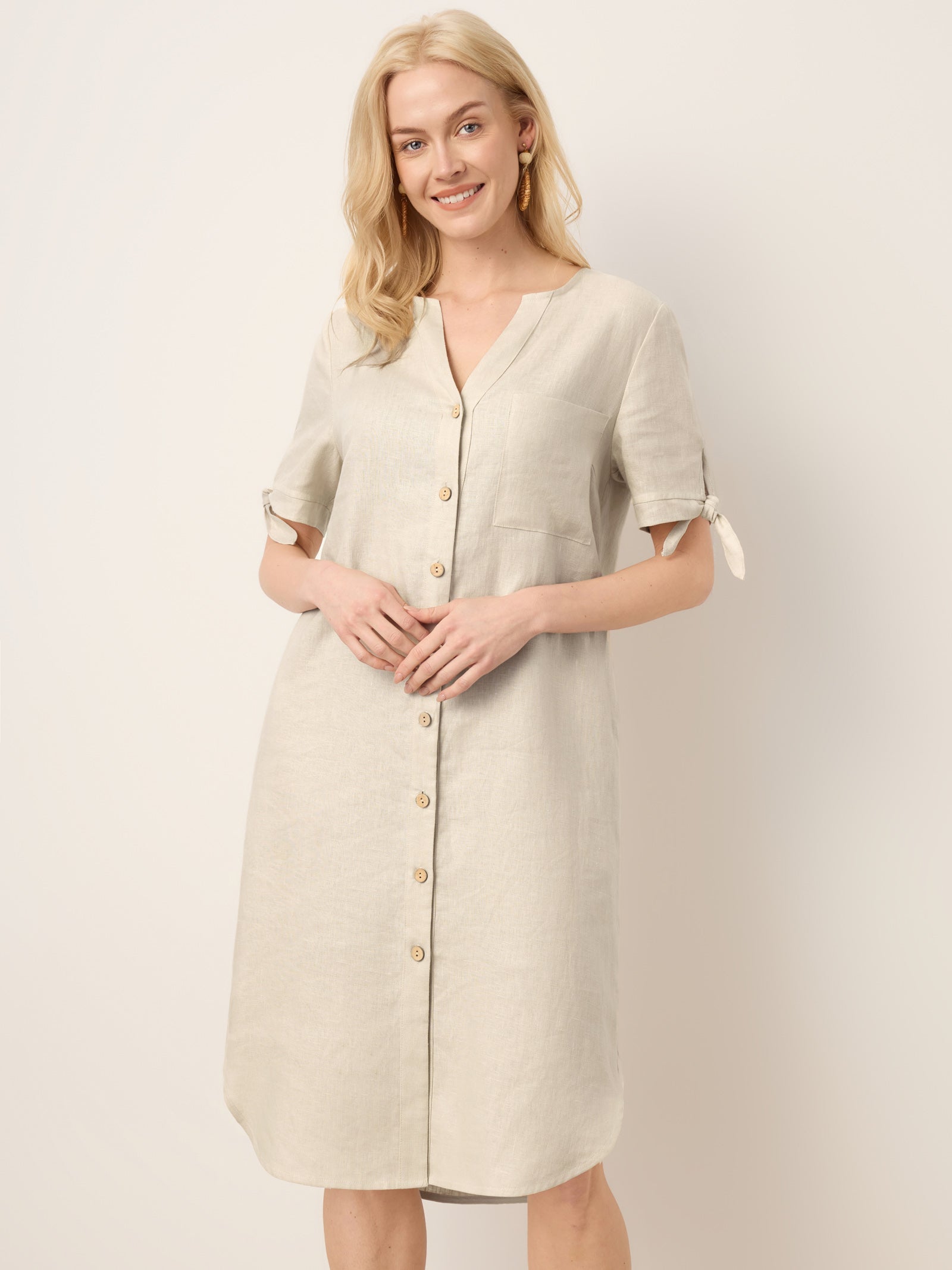 100% Linen Button-Front Tie Cuff V-Neck Shirt Dress HONORIA
