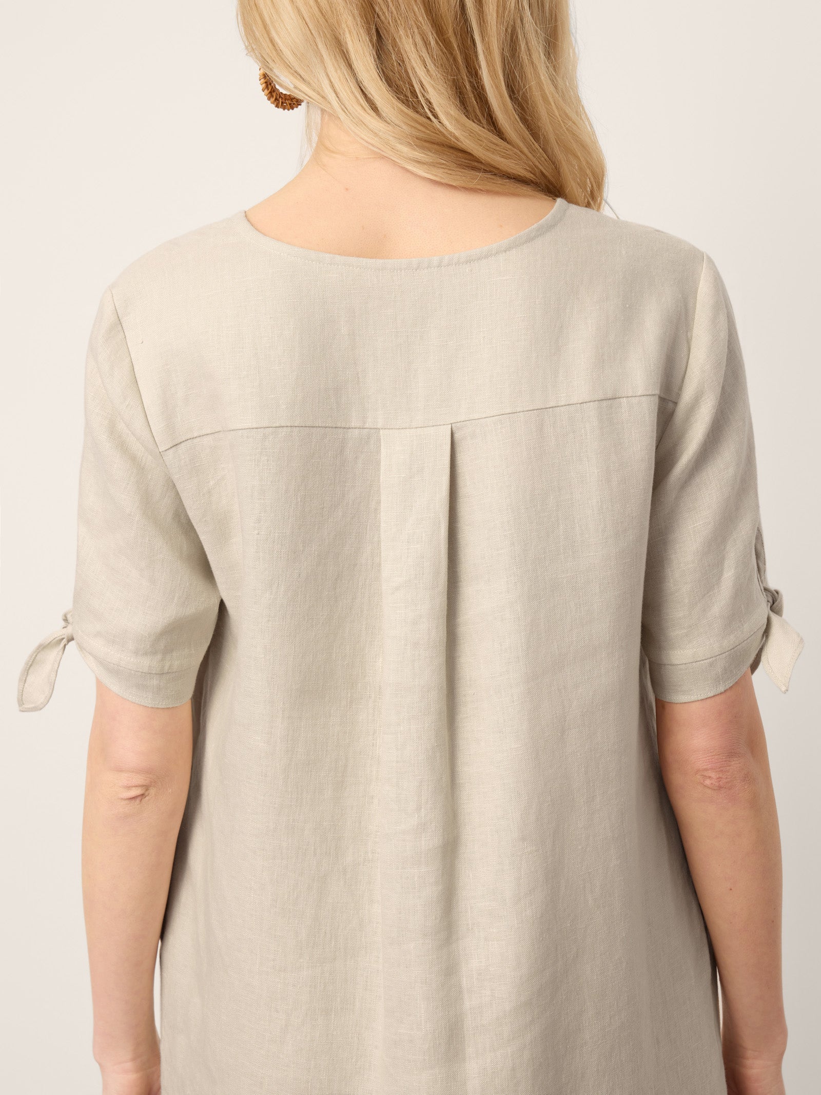 100% Linen Button-Front Tie Cuff V-Neck Shirt Dress HONORIA