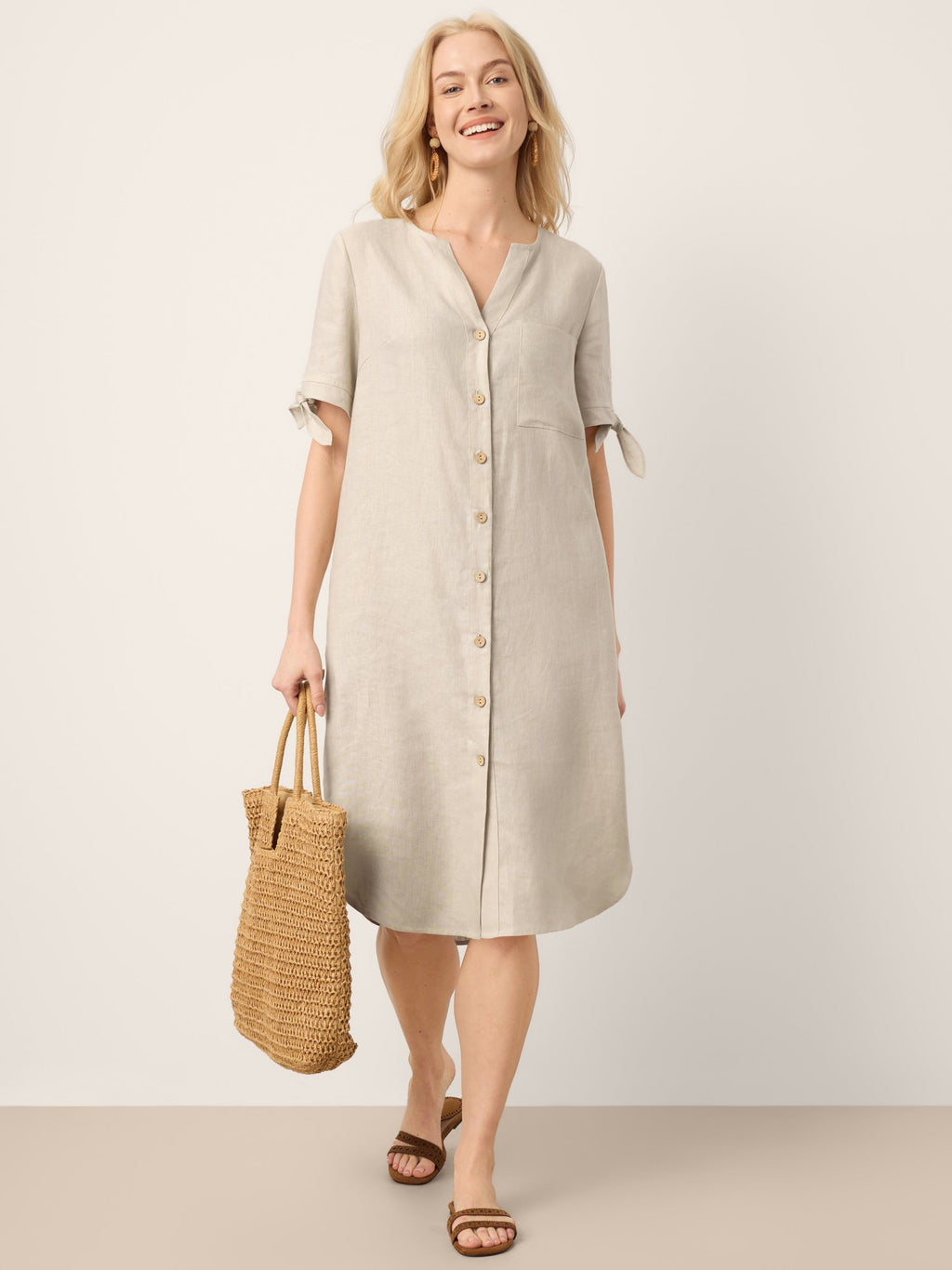 100% Linen Button-Front Tie Cuff V-Neck Shirt Dress HONORIA