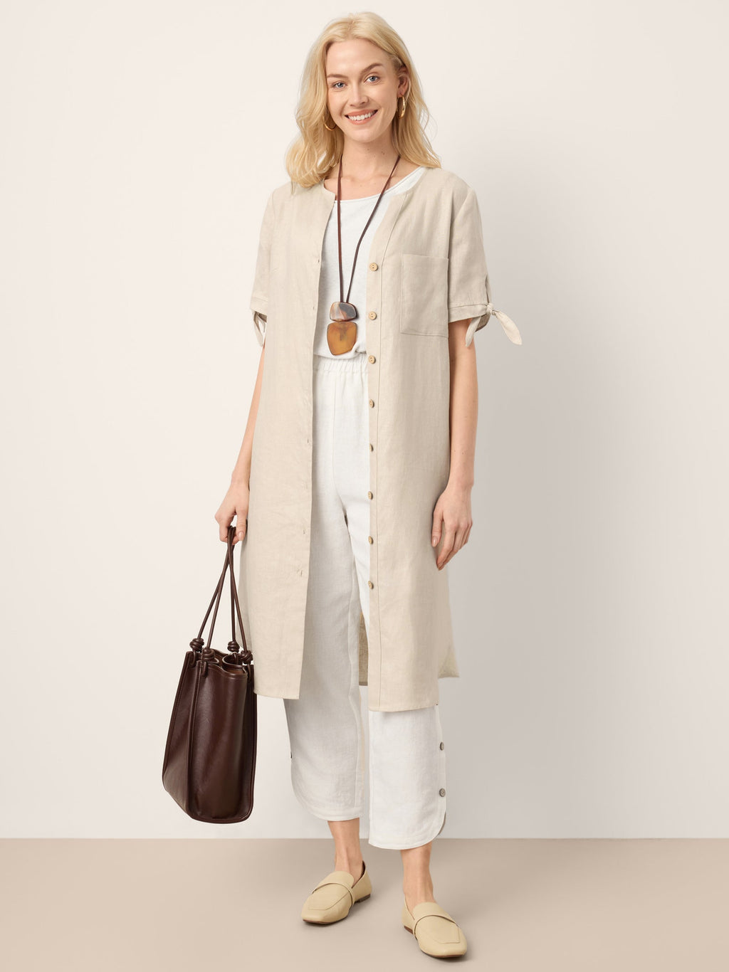 100% Linen Button-Front Tie Cuff V-Neck Shirt Dress HONORIA