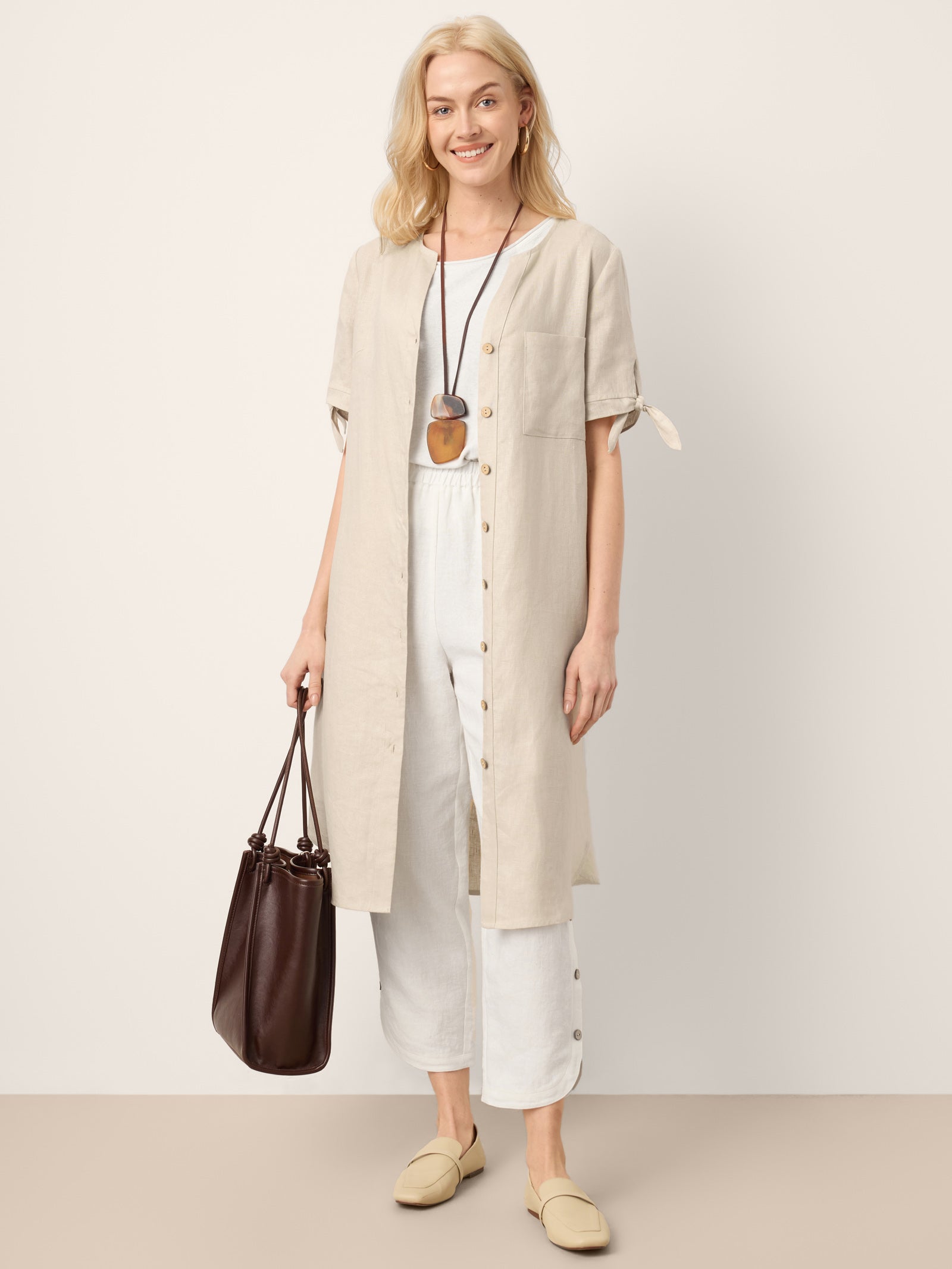 100% Linen Button-Front Tie Cuff V-Neck Shirt Dress HONORIA