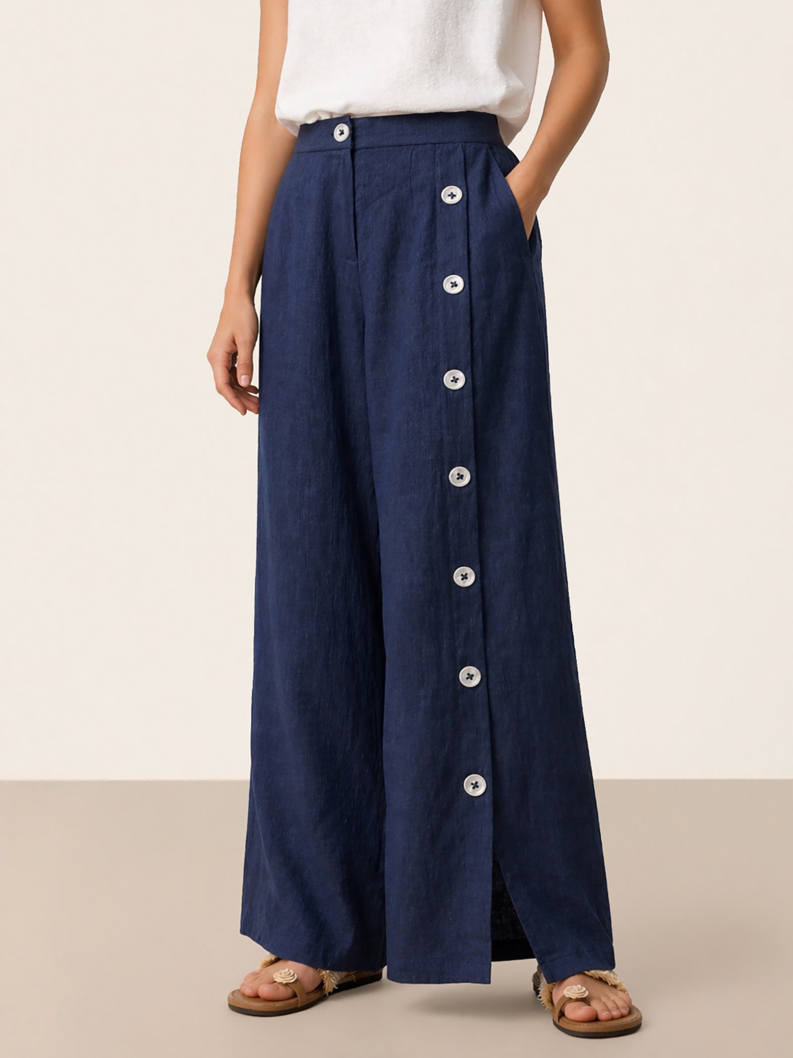 100% Linen Buttoned Slit-Hem Pants KATYA