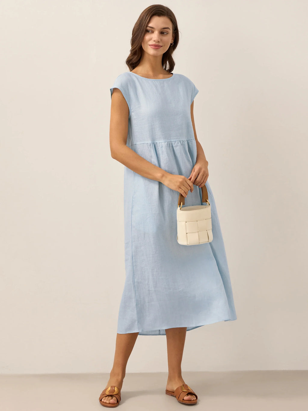 100% Linen Cap Sleeve Washed Midi Dress JOAN