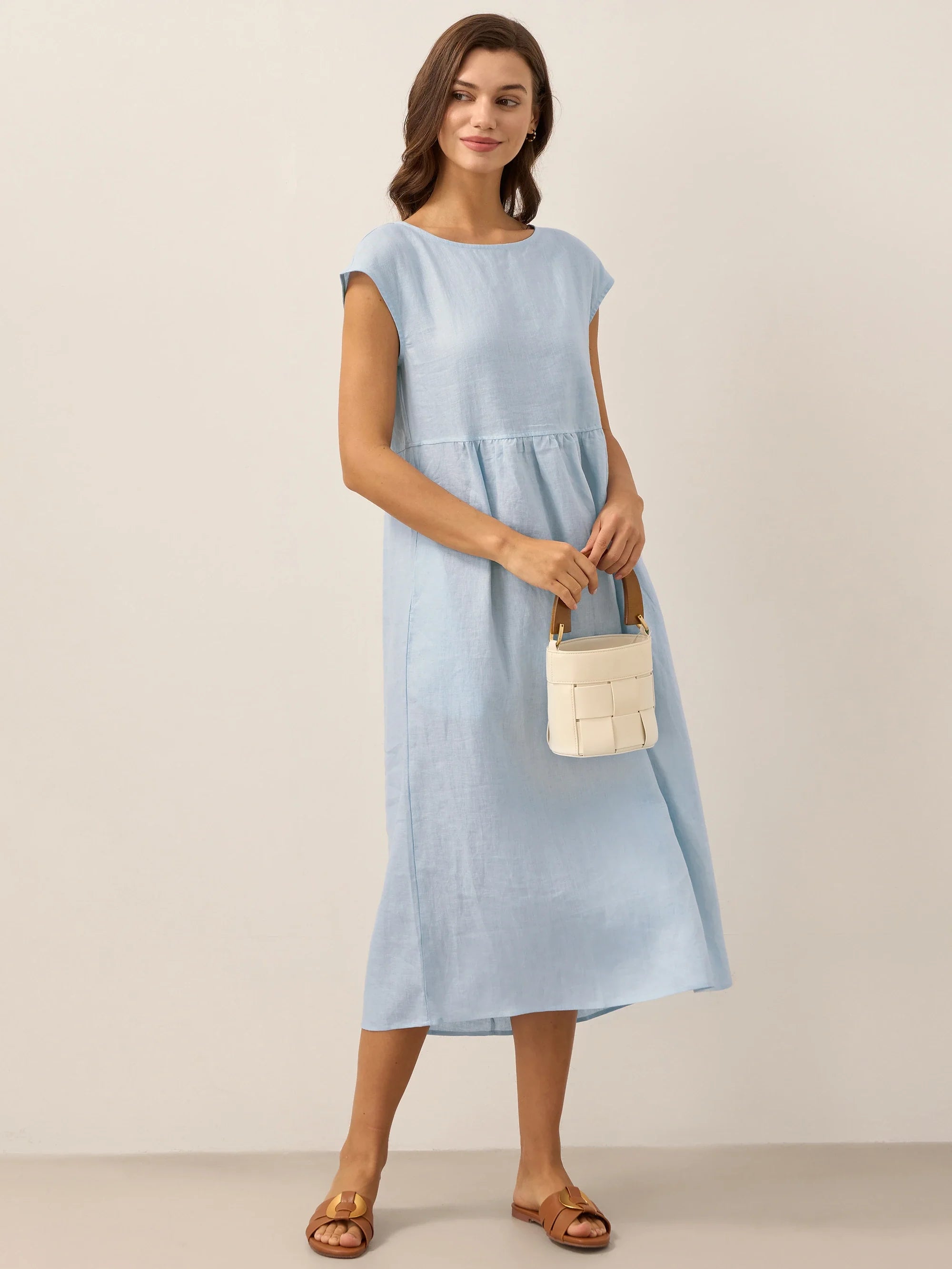 100% Linen Cap Sleeve Washed Midi Dress JOAN