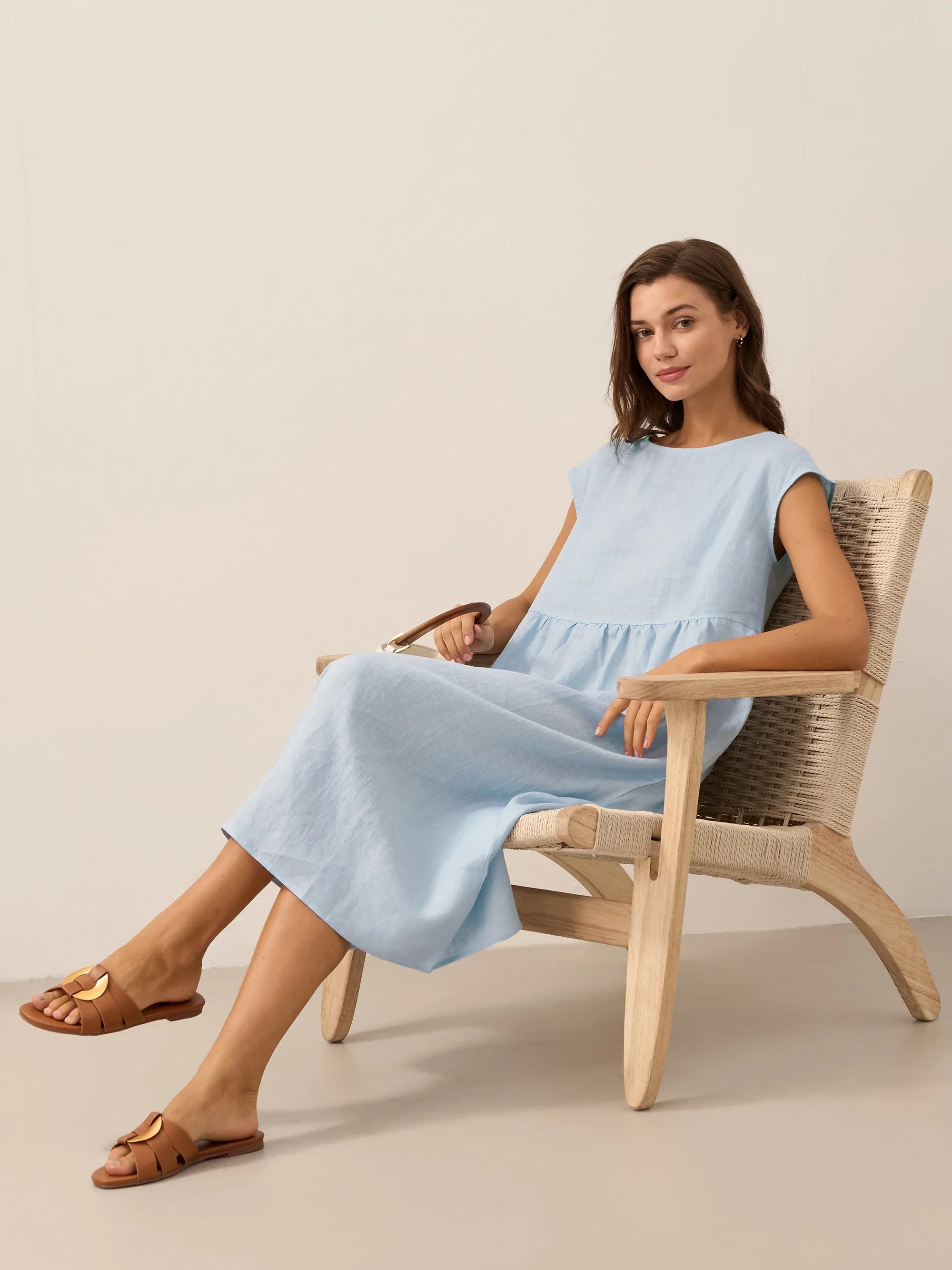 100% Linen Cap Sleeve Washed Midi Dress JOAN