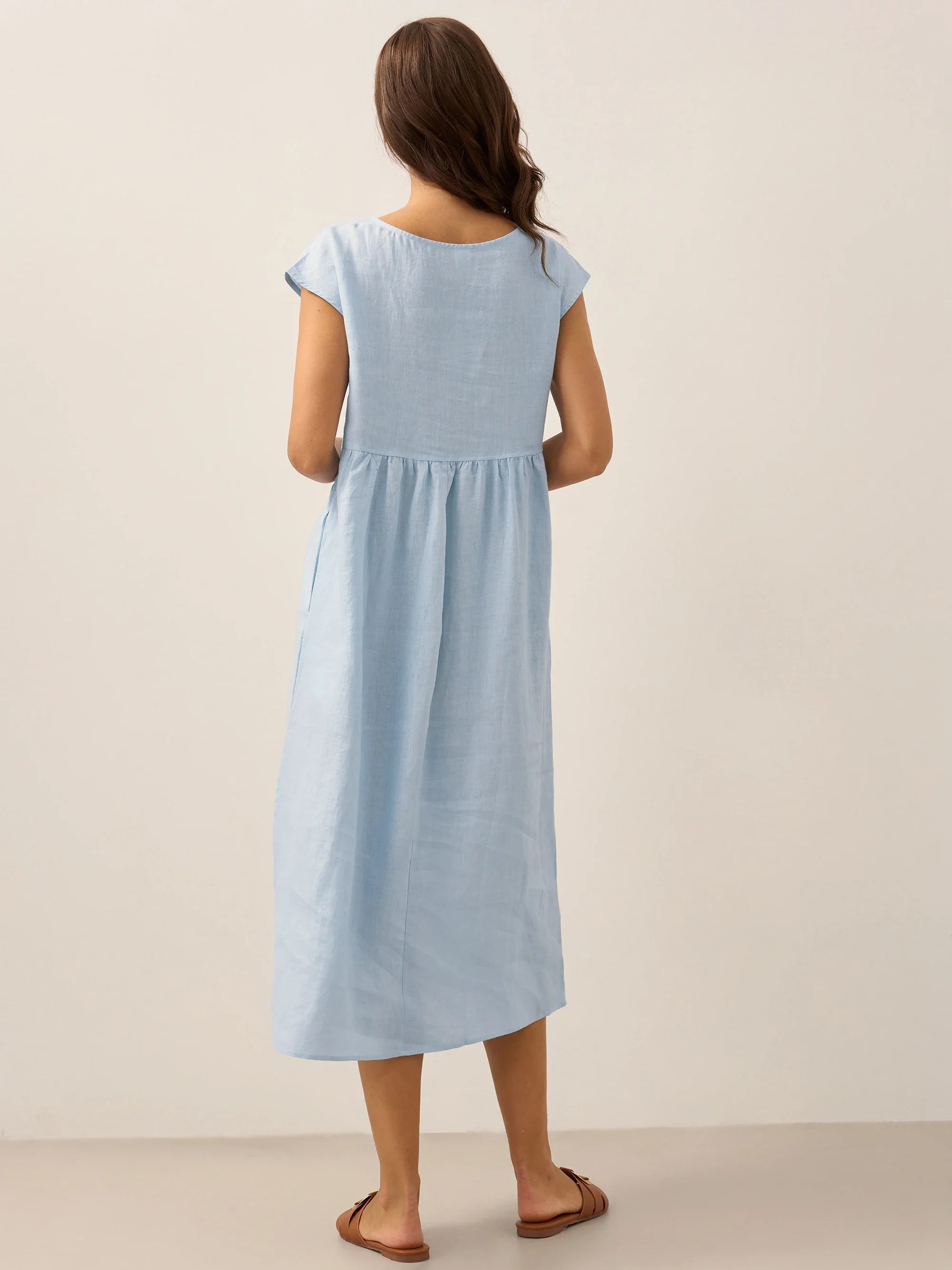 100% Linen Cap Sleeve Washed Midi Dress JOAN