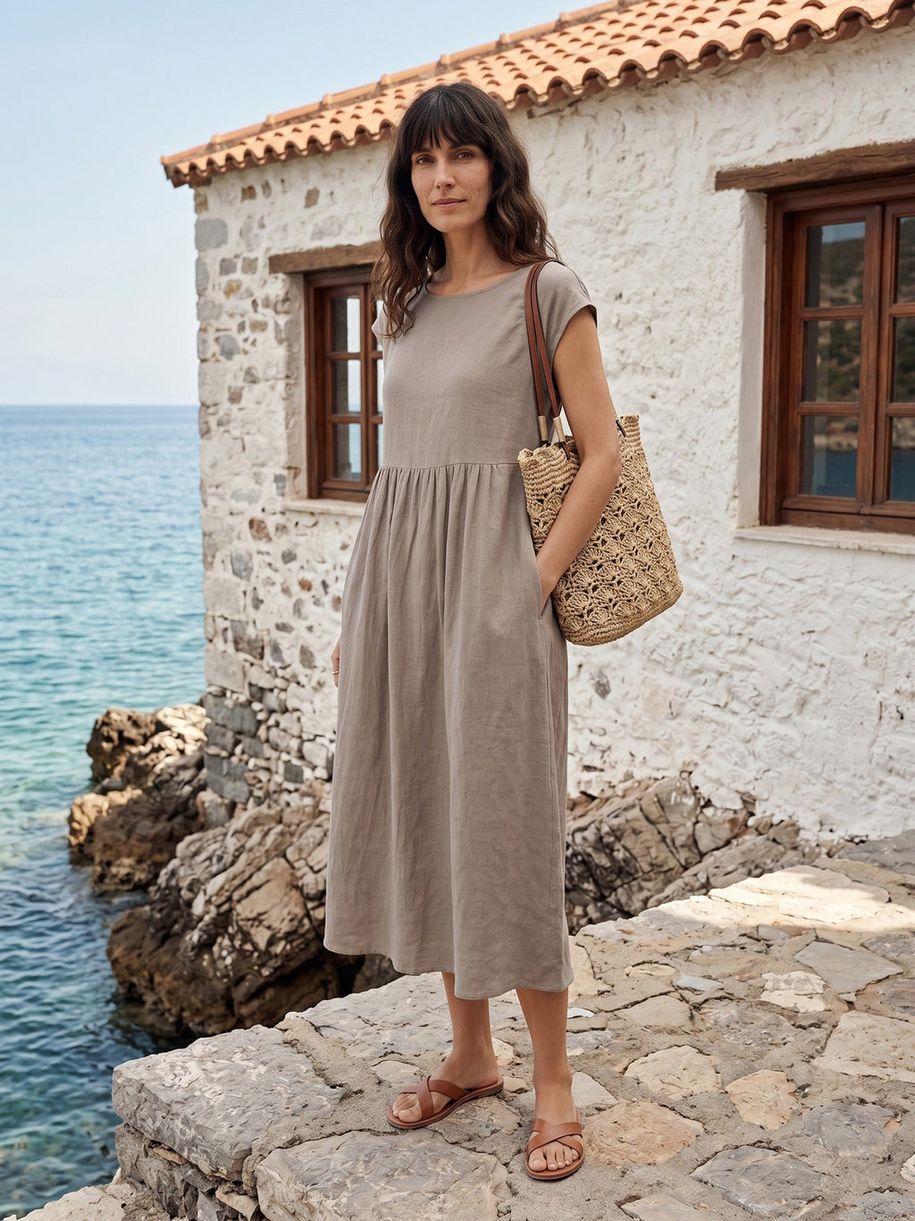 Linen Striped Cap Sleeve Washed Midi Dress JOAN