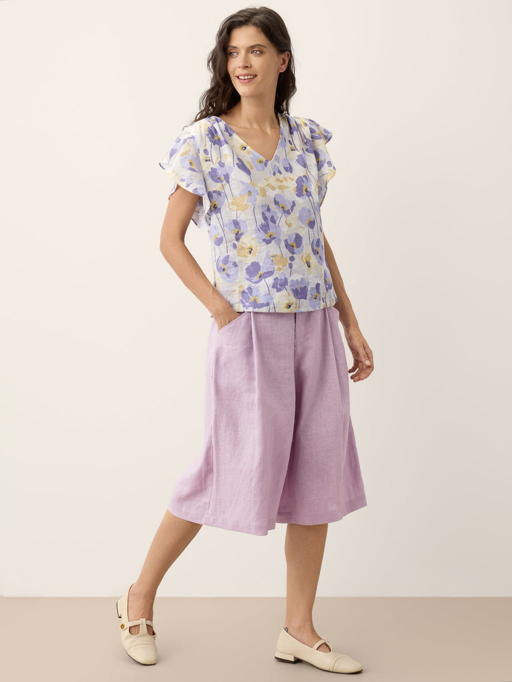 100% Linen Carnation Print Flutter Sleeve Top ELEANORA