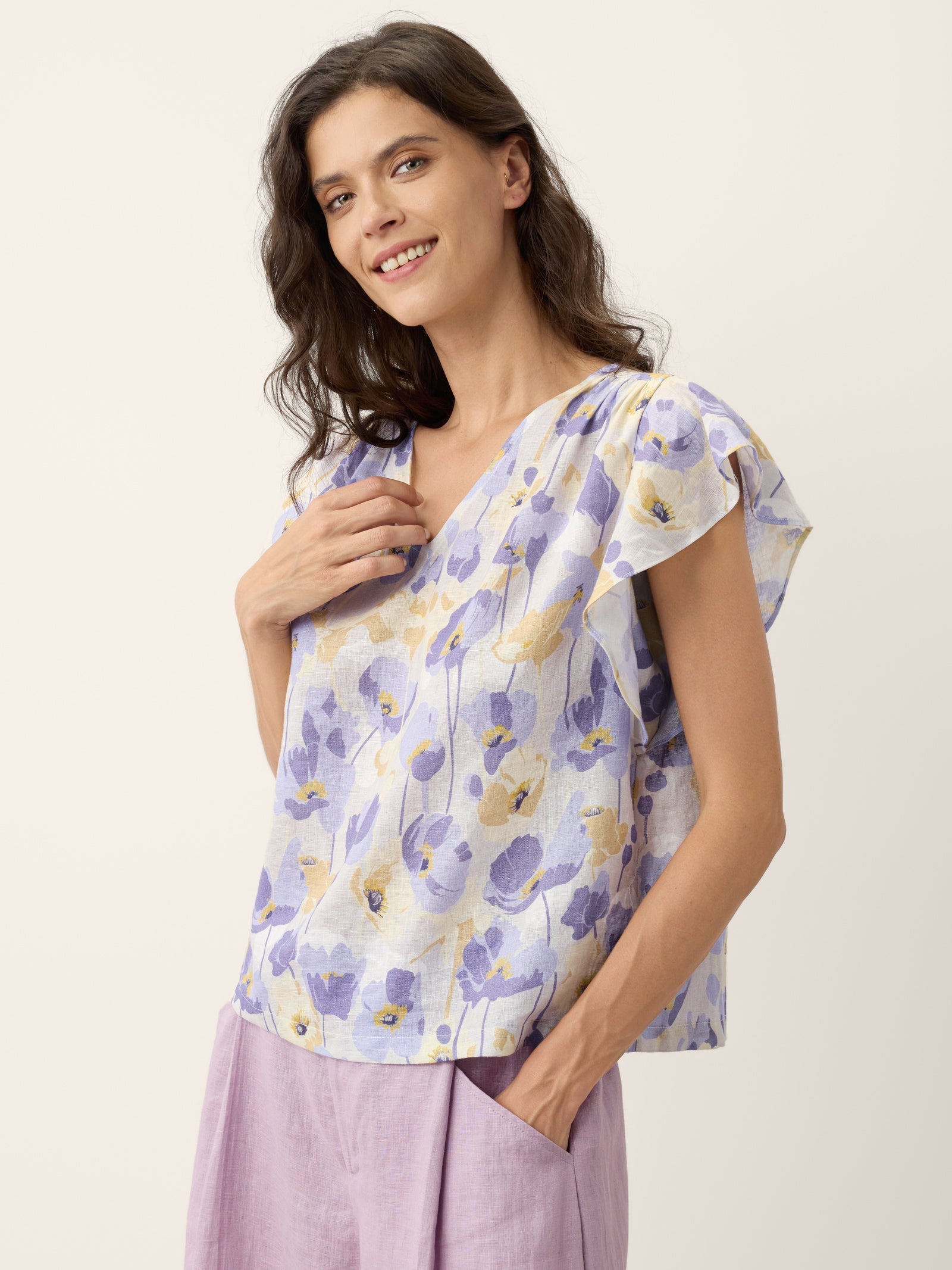 100% Linen Carnation Print Flutter Sleeve Top ELEANORA