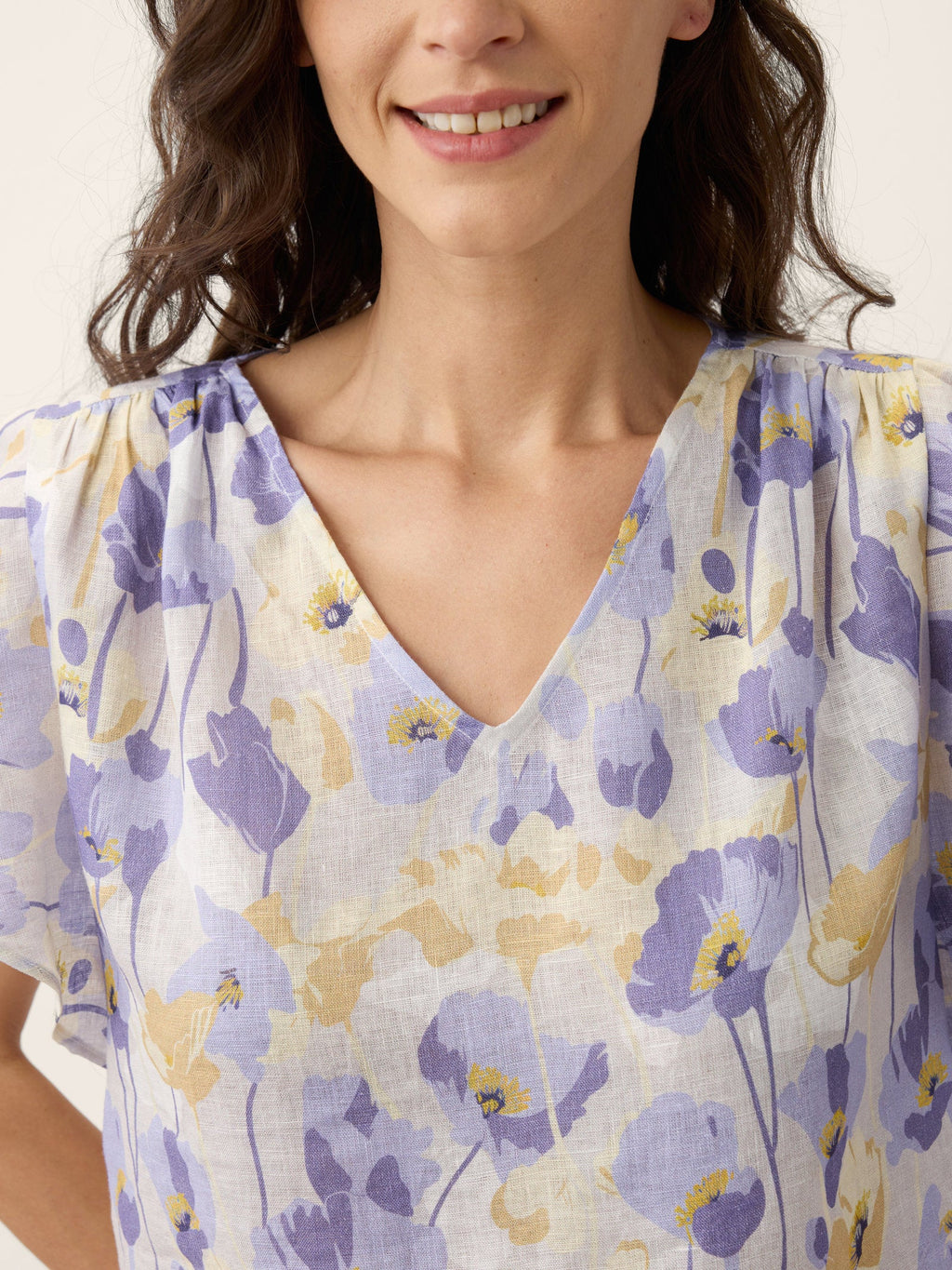 100% Linen Carnation Print Flutter Sleeve Top ELEANORA