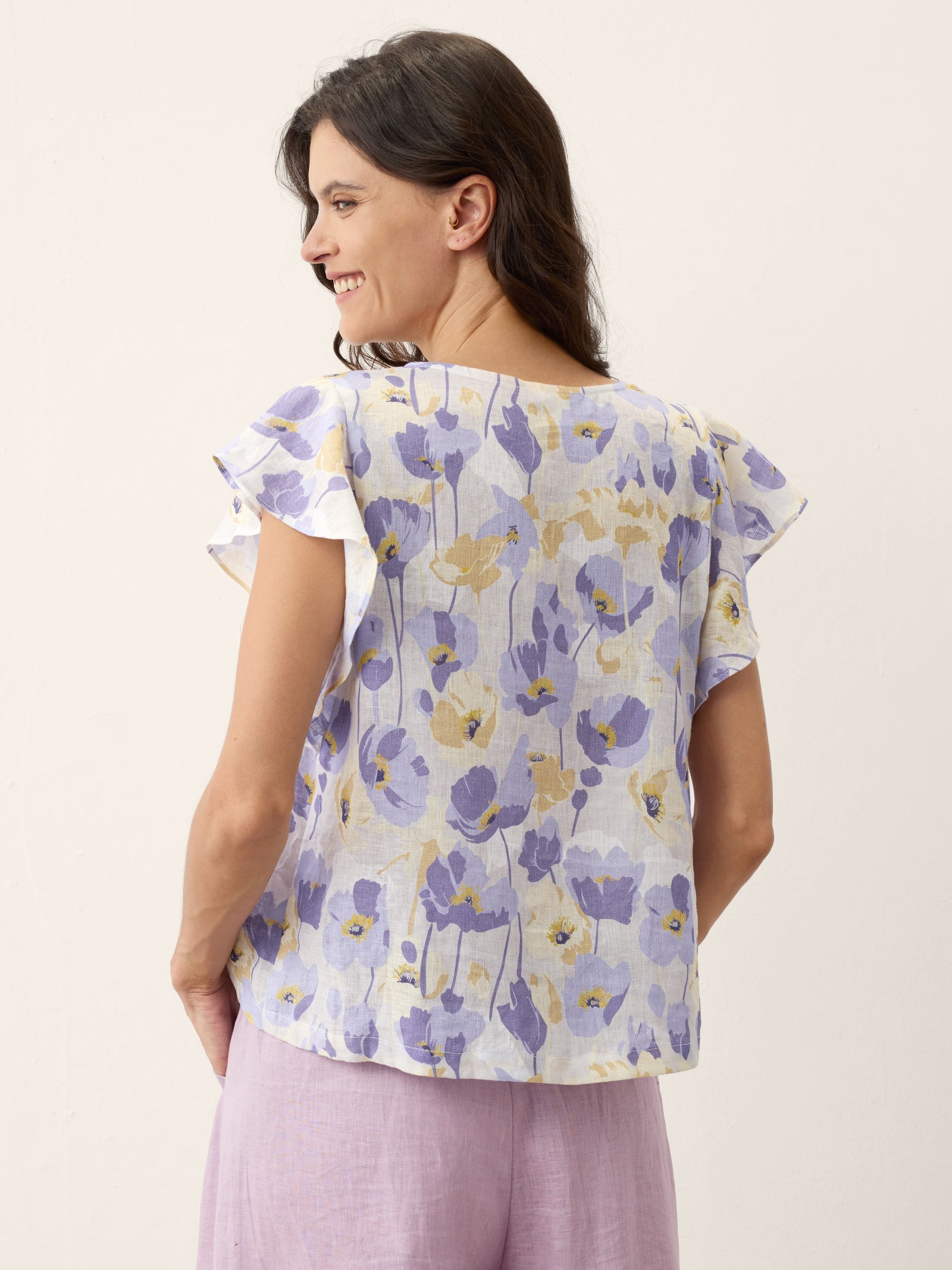 100% Linen Carnation Print Flutter Sleeve Top ELEANORA