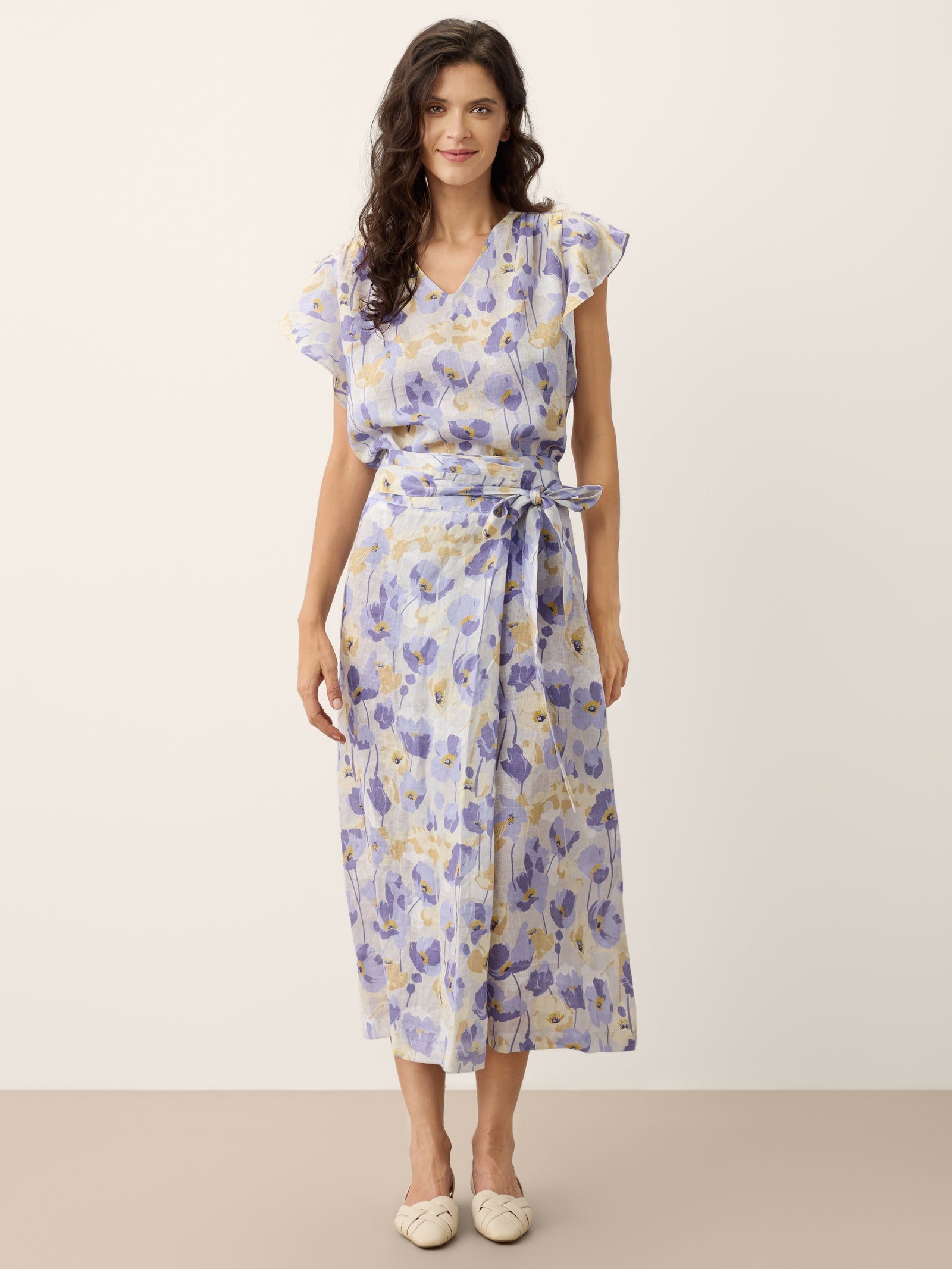 100% Linen Adjustable Wrap-Tie Carnation Print Skirt FRANCESCA
