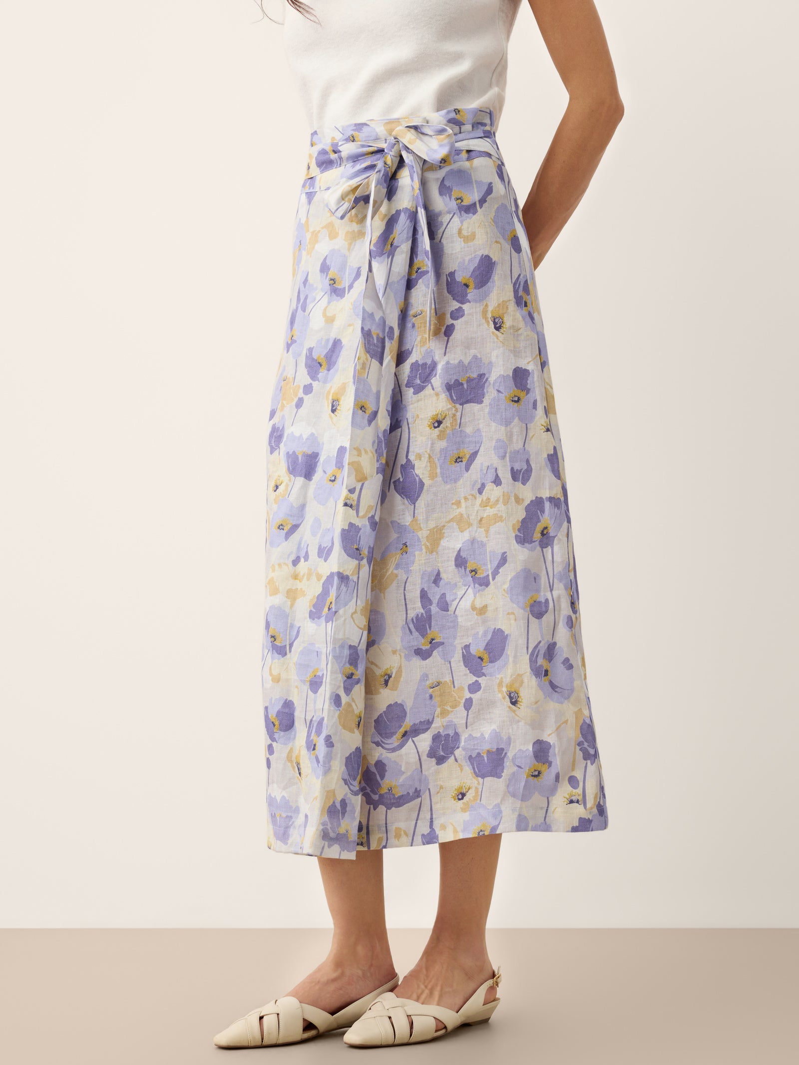 100% Linen Adjustable Wrap-Tie Carnation Print Skirt FRANCESCA