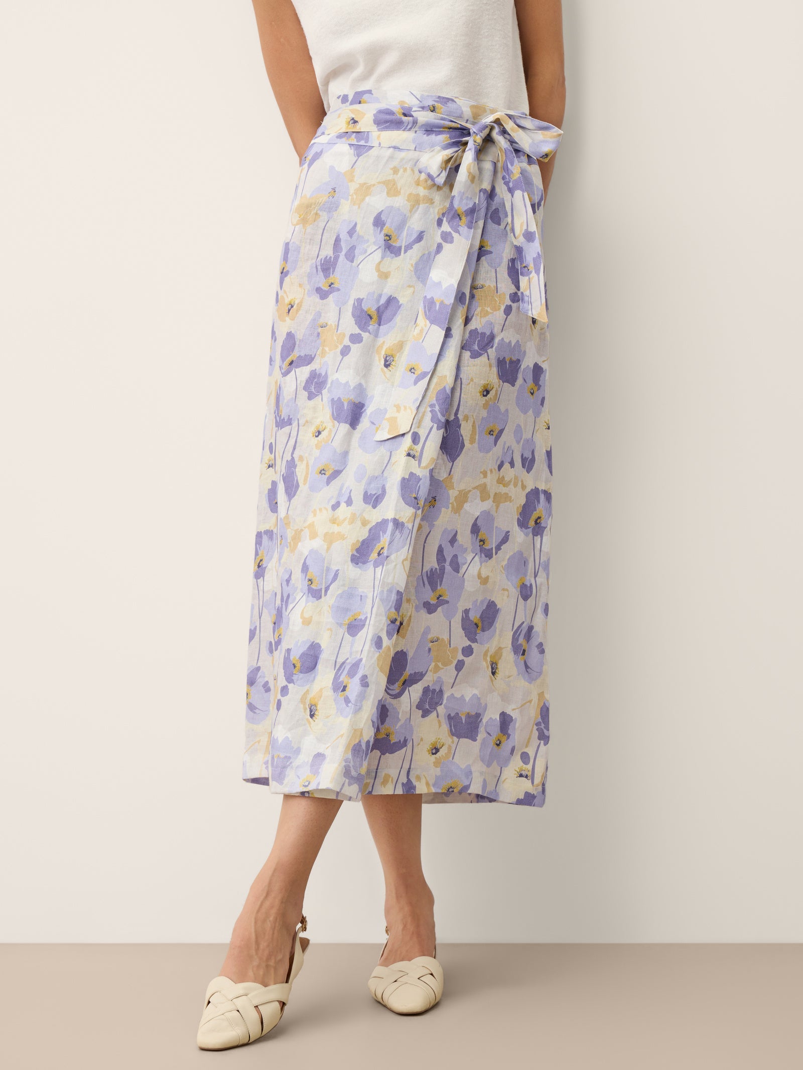 100% Linen Adjustable Wrap-Tie Carnation Print Skirt FRANCESCA