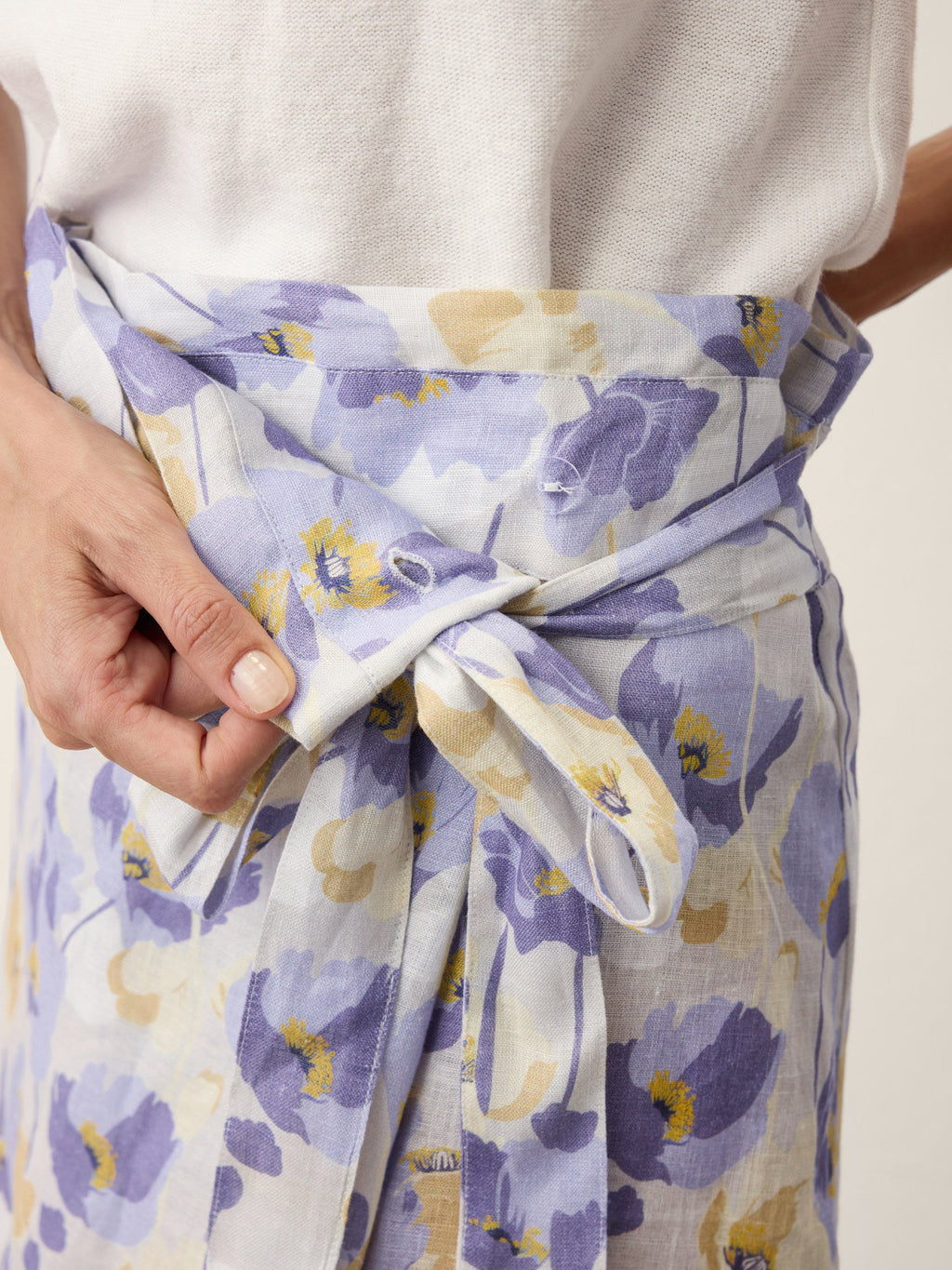 100% Linen Adjustable Wrap-Tie Carnation Print Skirt FRANCESCA
