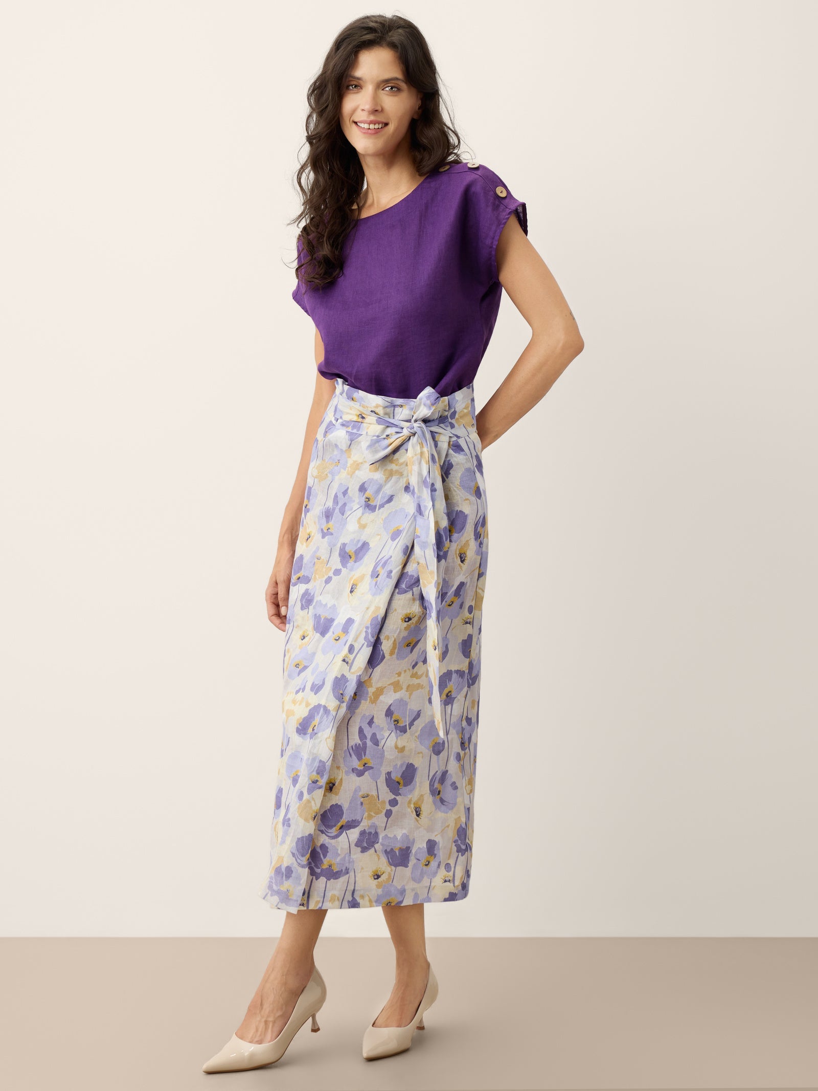 100% Linen Adjustable Wrap-Tie Carnation Print Skirt FRANCESCA