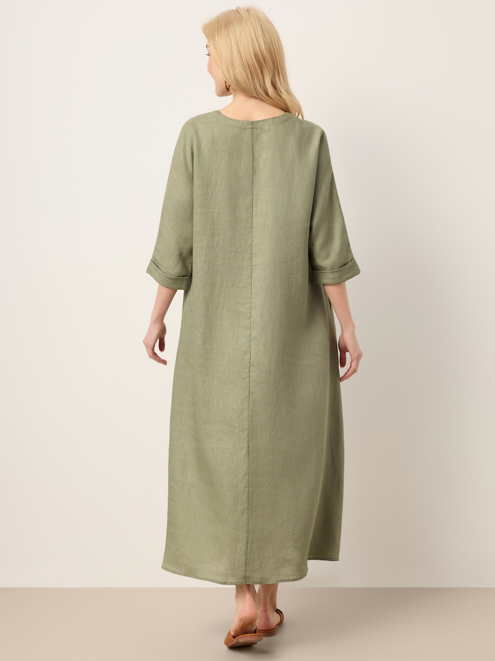 100% Linen Center Pleat V-Neck Cuffed Sleeve Midi Dress ZENOBIA