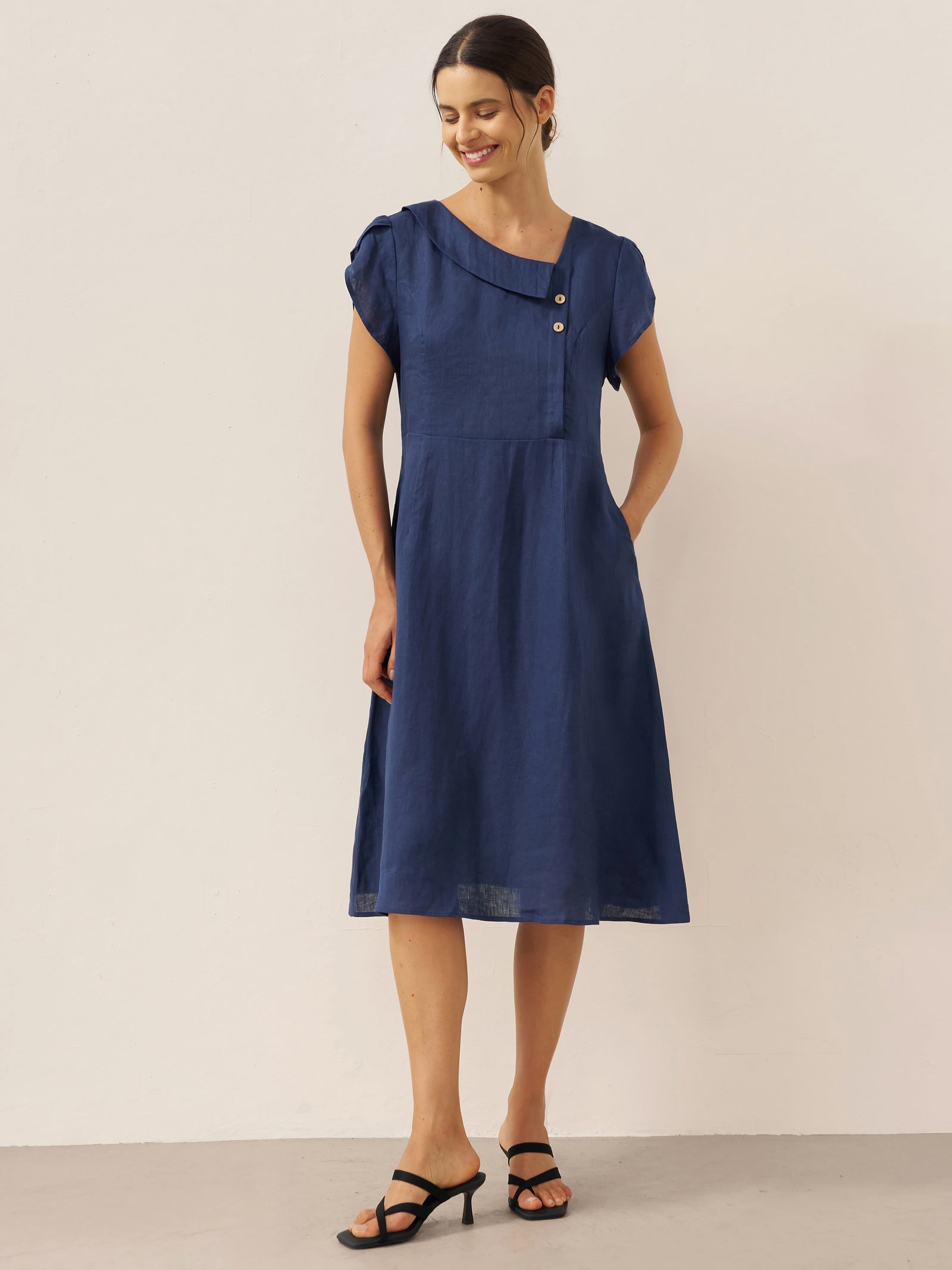 100% Linen Crescent Collar Flutter Sleeve Mini Dress FIONA