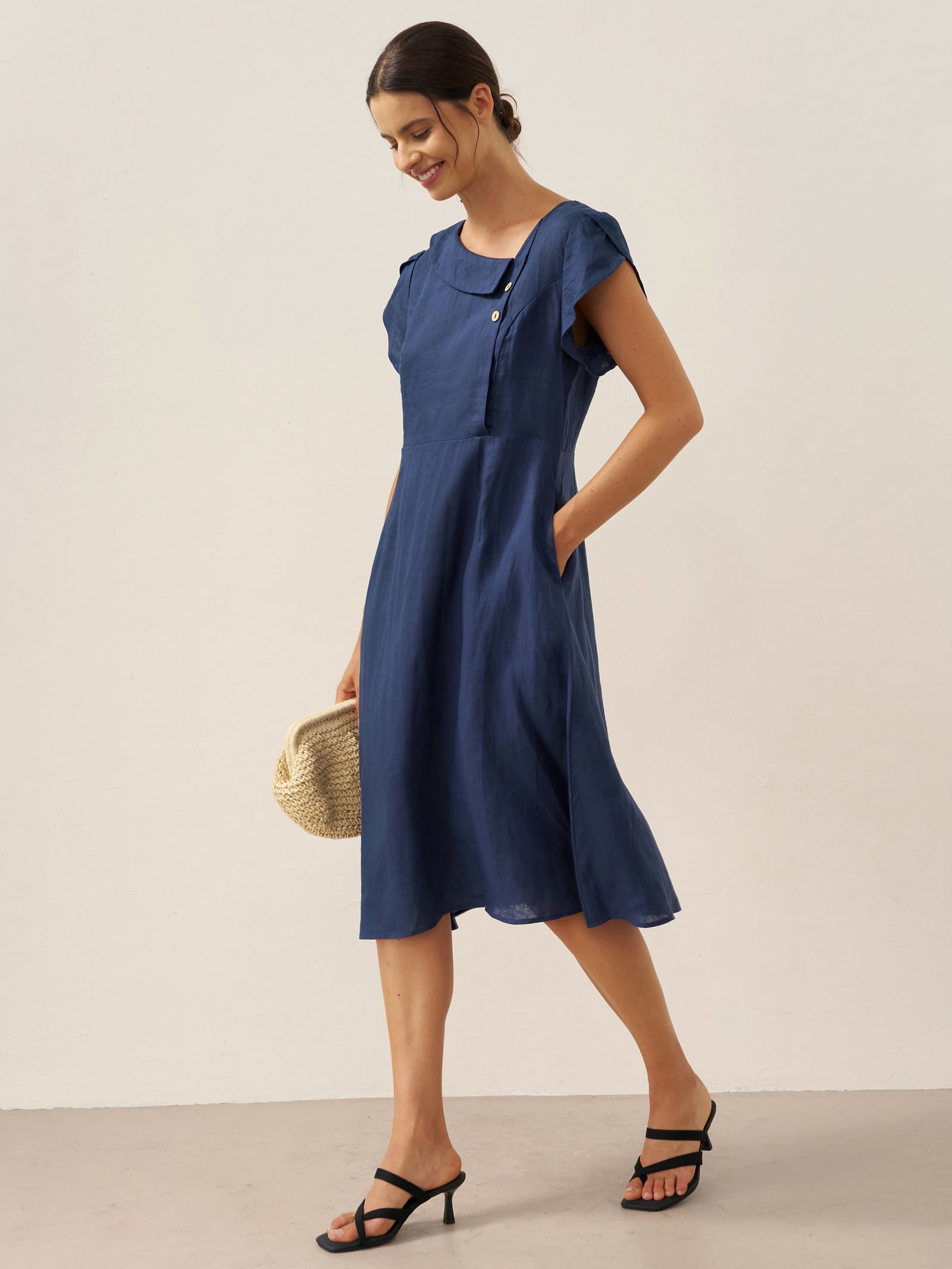 100% Linen Crescent Collar Flutter Sleeve Mini Dress FIONA