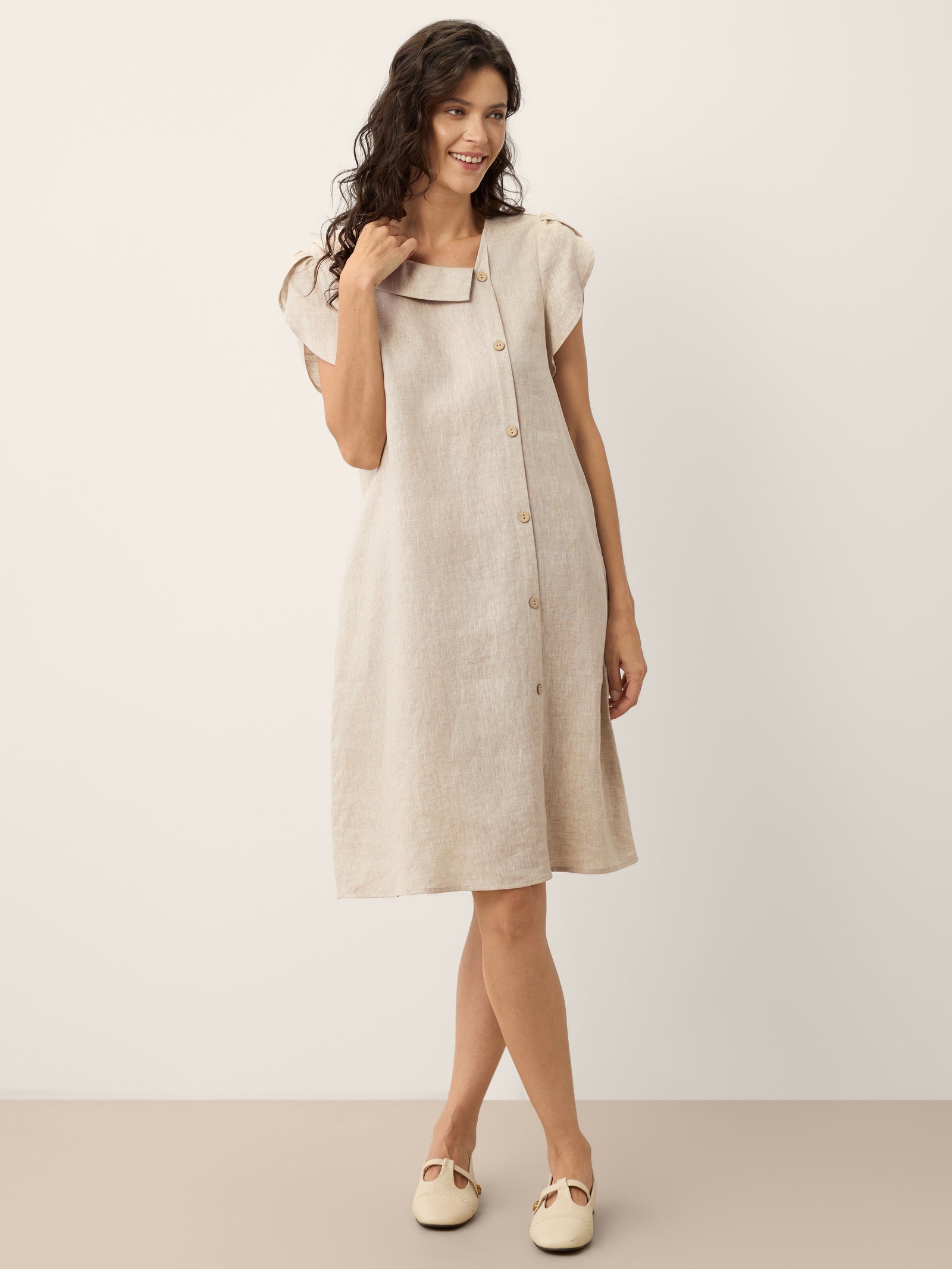 100% Linen Crescent Collar Ruffle Sleeve Mini Dress THERESA