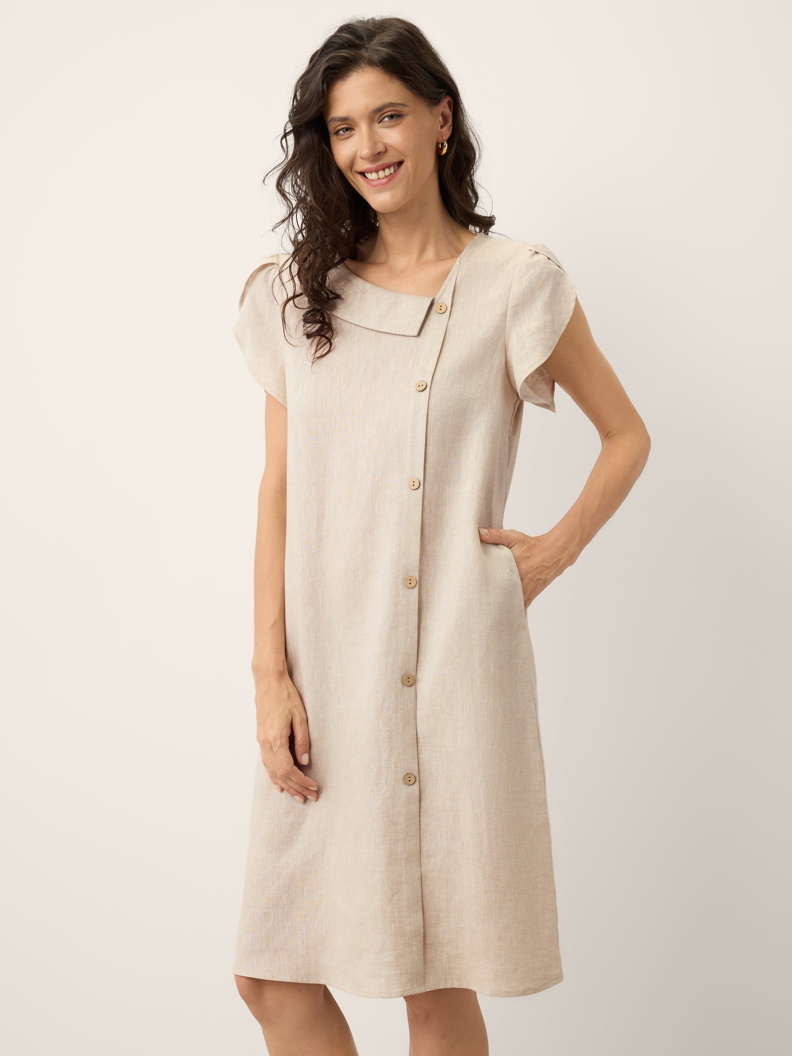 100% Linen Crescent Collar Ruffle Sleeve Mini Dress THERESA