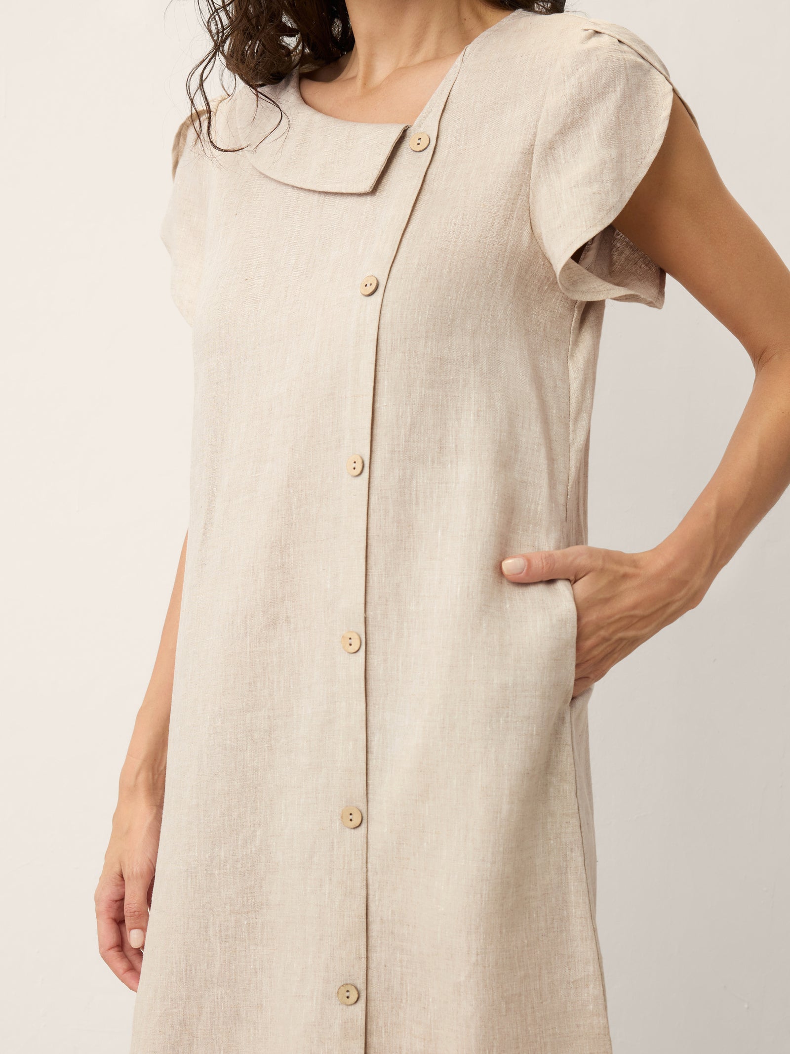 100% Linen Crescent Collar Ruffle Sleeve Mini Dress THERESA