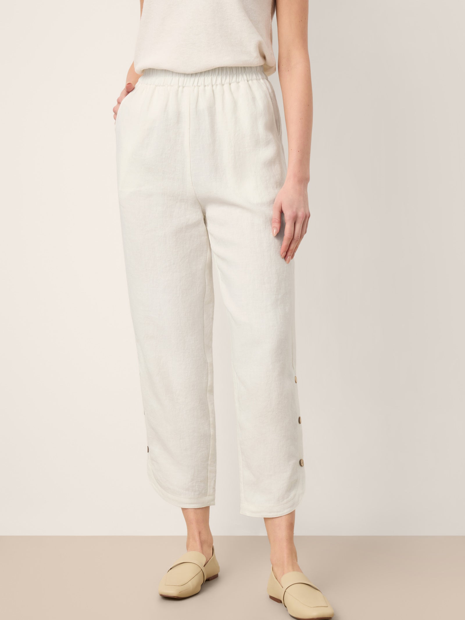 100% Linen Double Pleat Button Hem Pull-On Pants LINDSEY