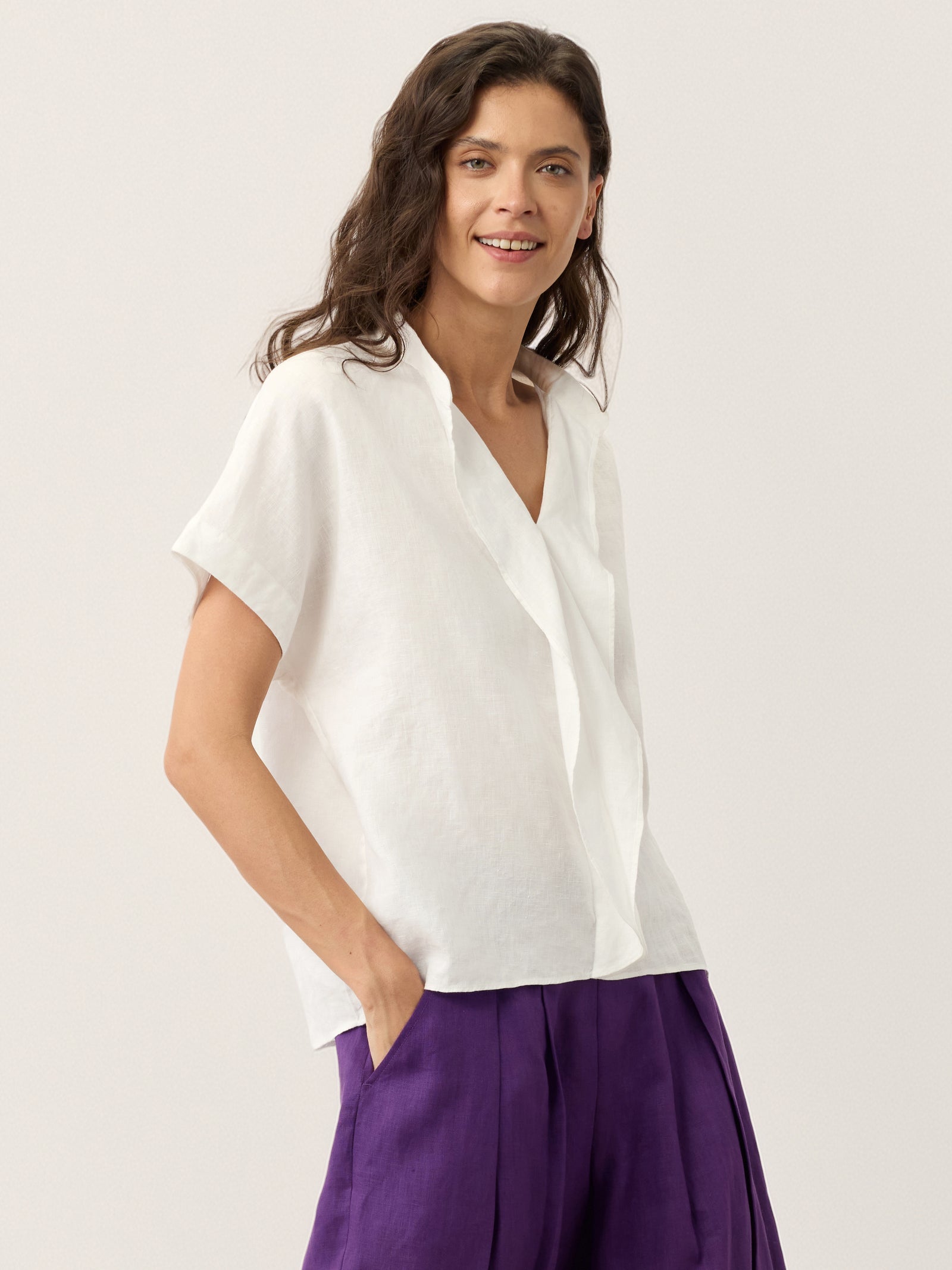 100% Linen Double Ruffle Soft Collar Top VERONICA