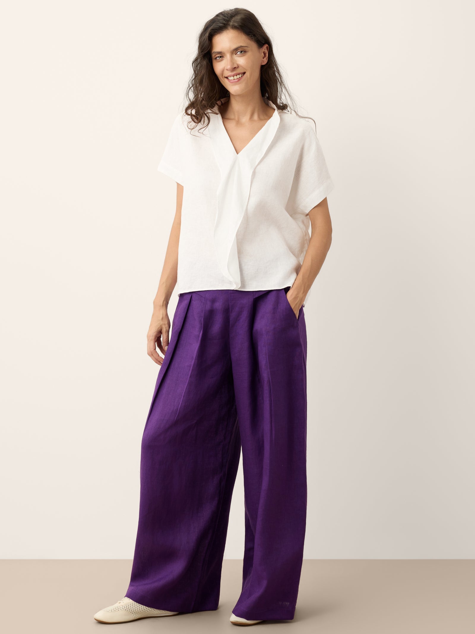 100% Linen Double Ruffle Soft Collar Top VERONICA