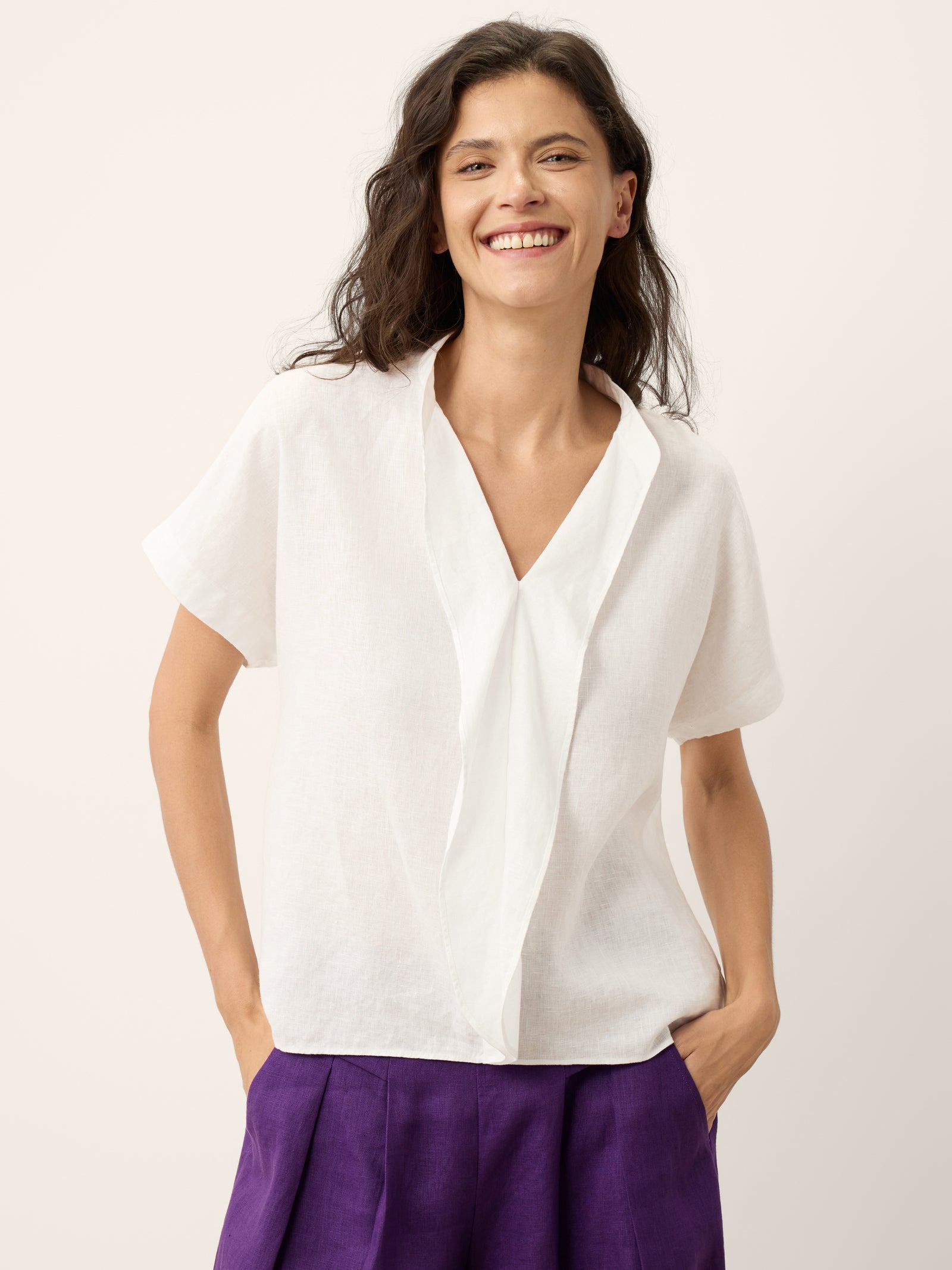 100% Linen Double Ruffle Soft Collar Top VERONICA
