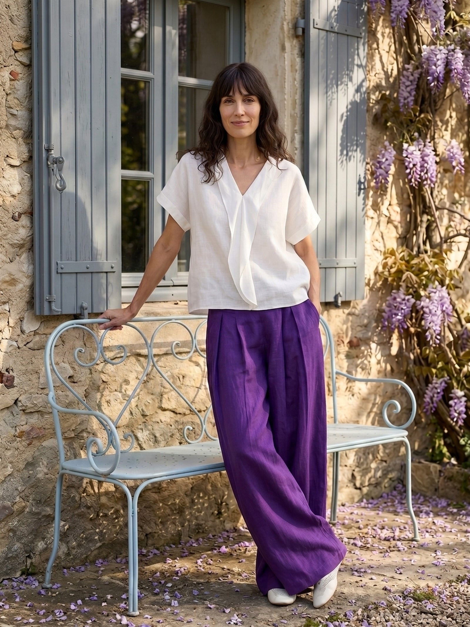 100% Linen Double Ruffle Soft Collar Top VERONICA
