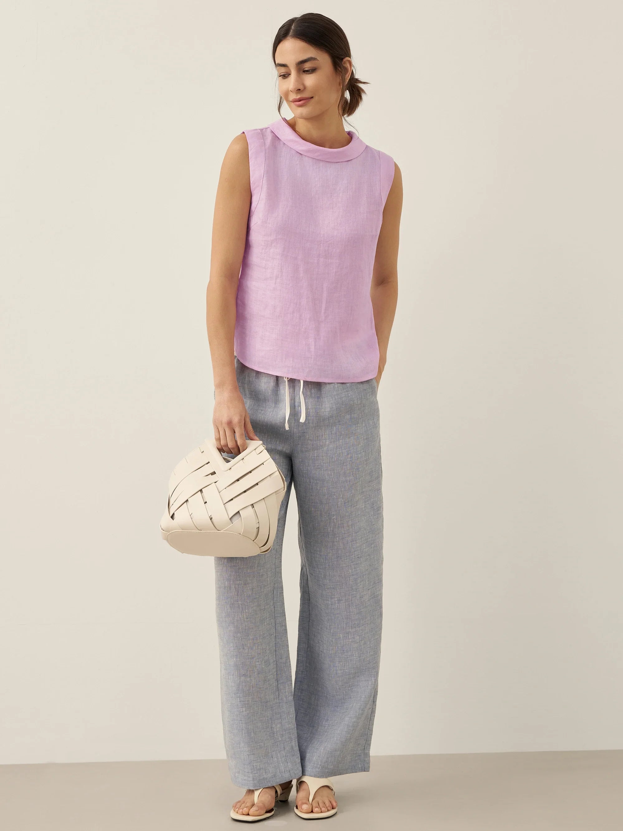 100% Linen Draped Collar Tank Top JACQUELINE