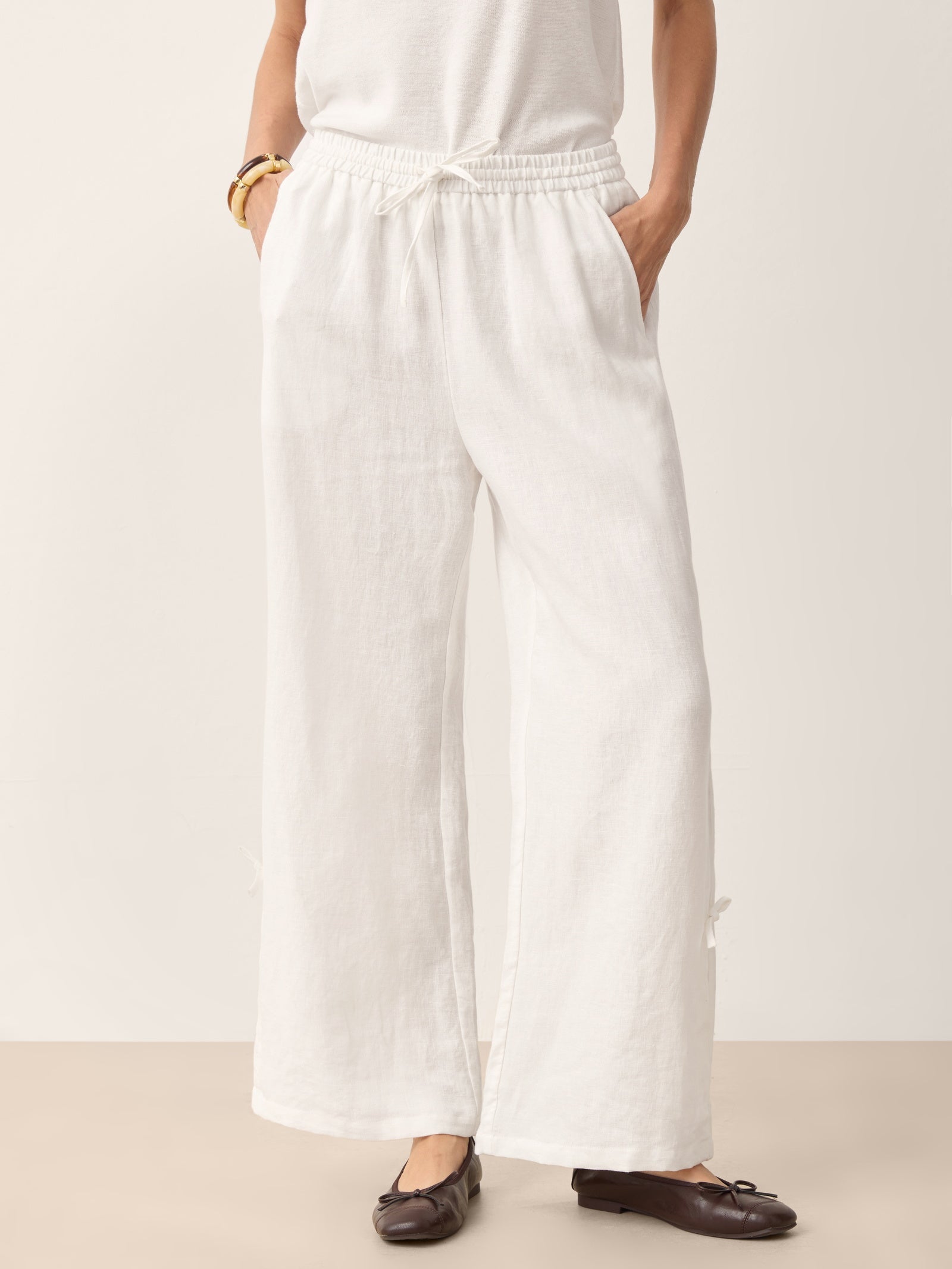 100% Linen Convertible Drawstring Hem Elasticated Waist Wide-Leg Pants YSELINE
