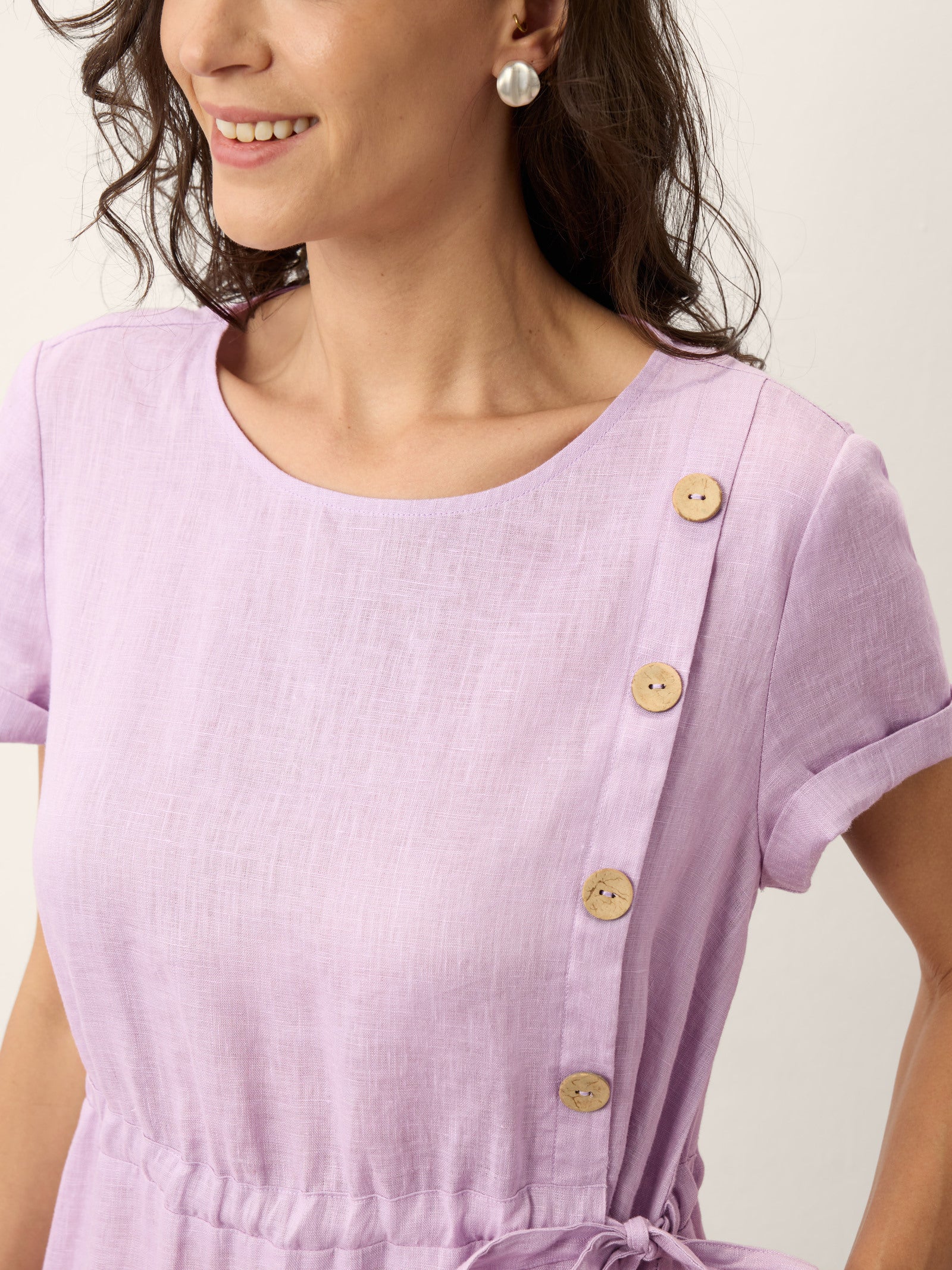 100% Linen Drawstring Waist Button Detail Midi Dress SENNA