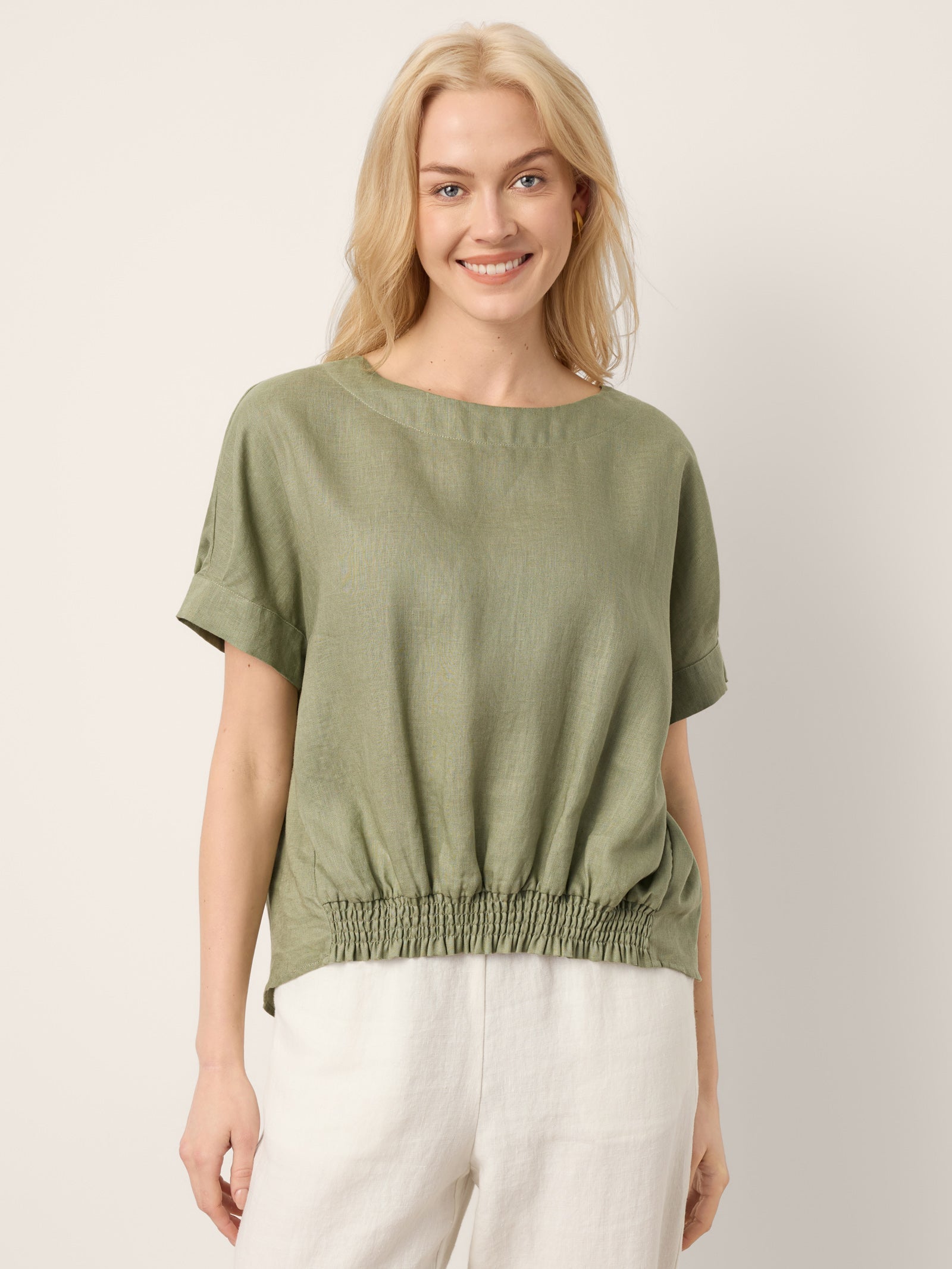 100% Linen Drop Shoulder Split-Back Double Shirred Hem Top LINDSEY