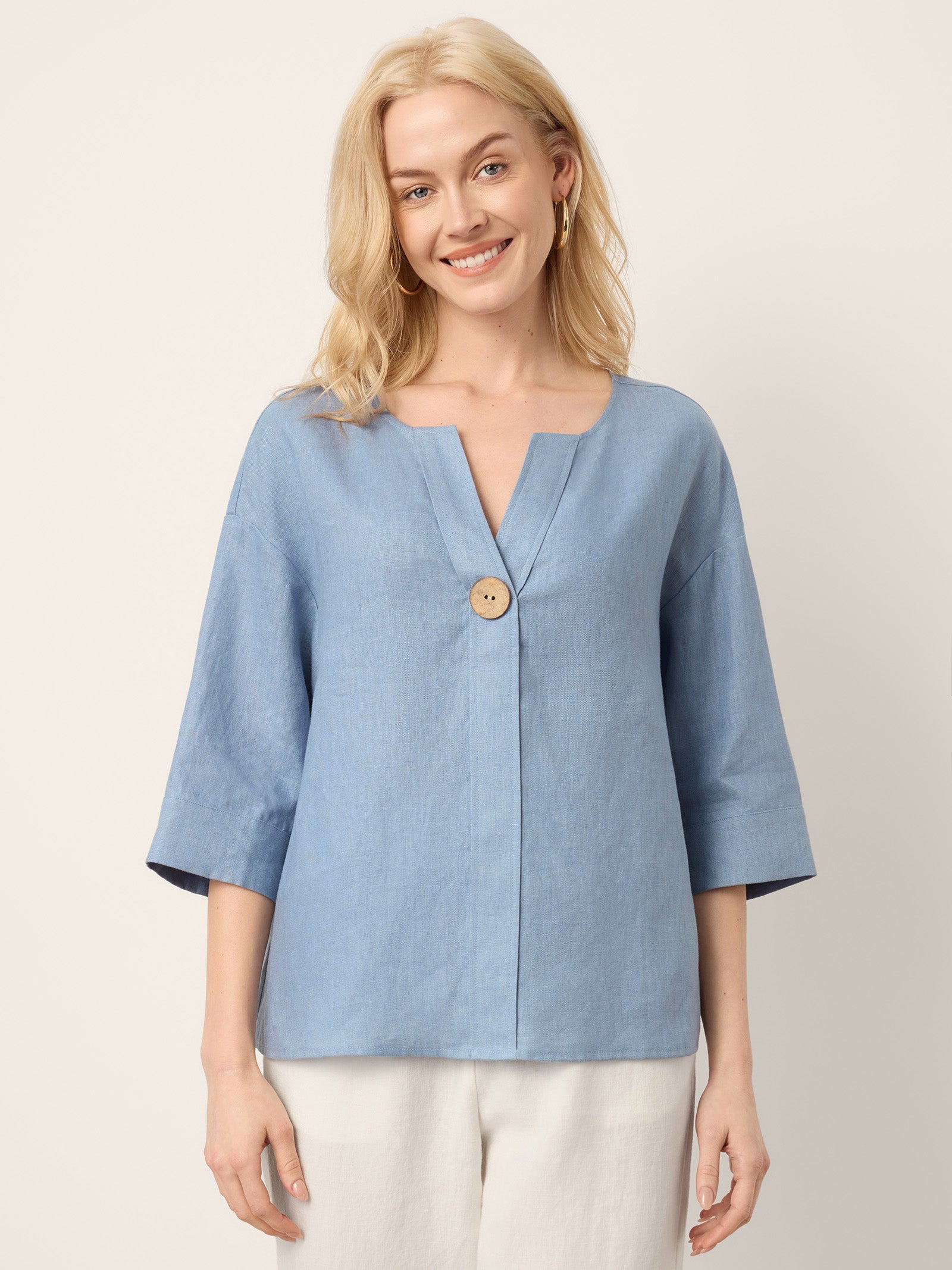 100% Linen Drop Shoulder V-Neck Statement Button Top LISARA