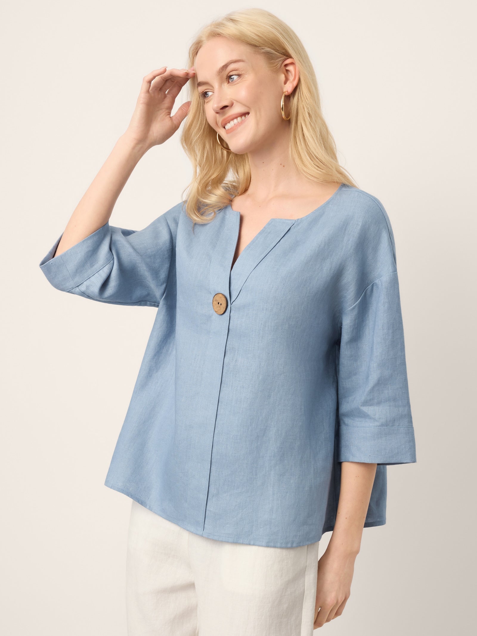 100% Linen Drop Shoulder V-Neck Statement Button Top LISARA