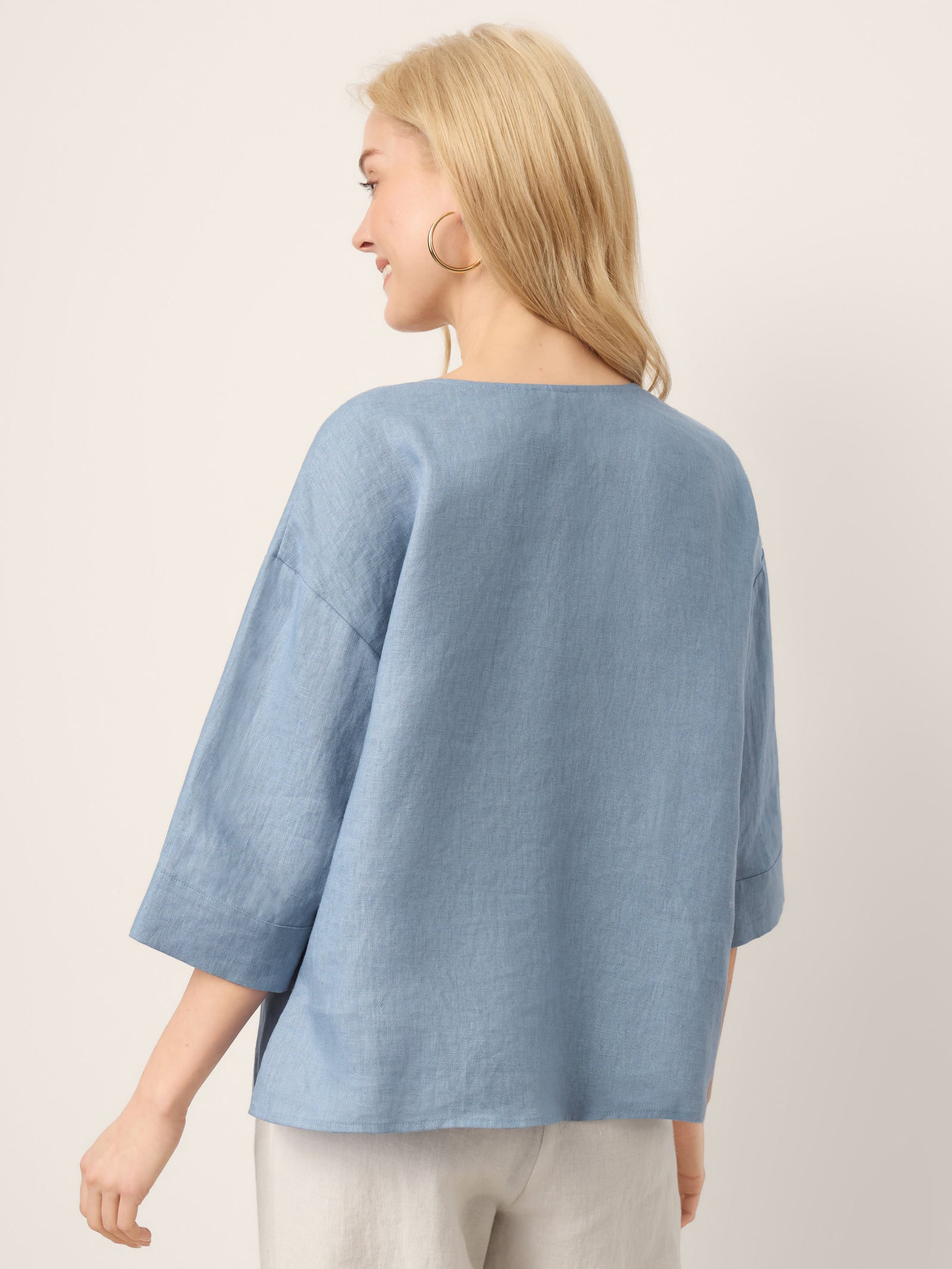 100% Linen Drop Shoulder V-Neck Statement Button Top LISARA