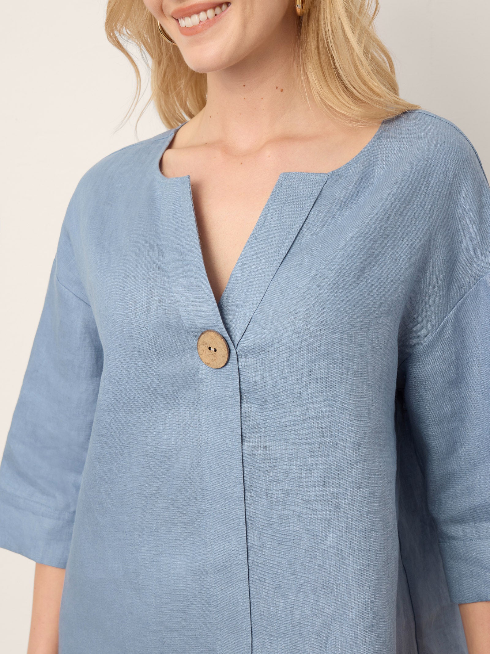 100% Linen Drop Shoulder V-Neck Statement Button Top LISARA