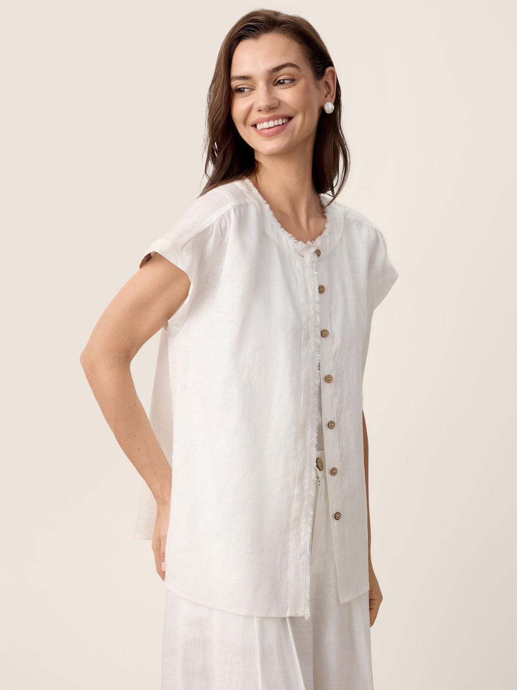 100% Linen Frayed-Trim Drop-Shoulder Top INDIRA