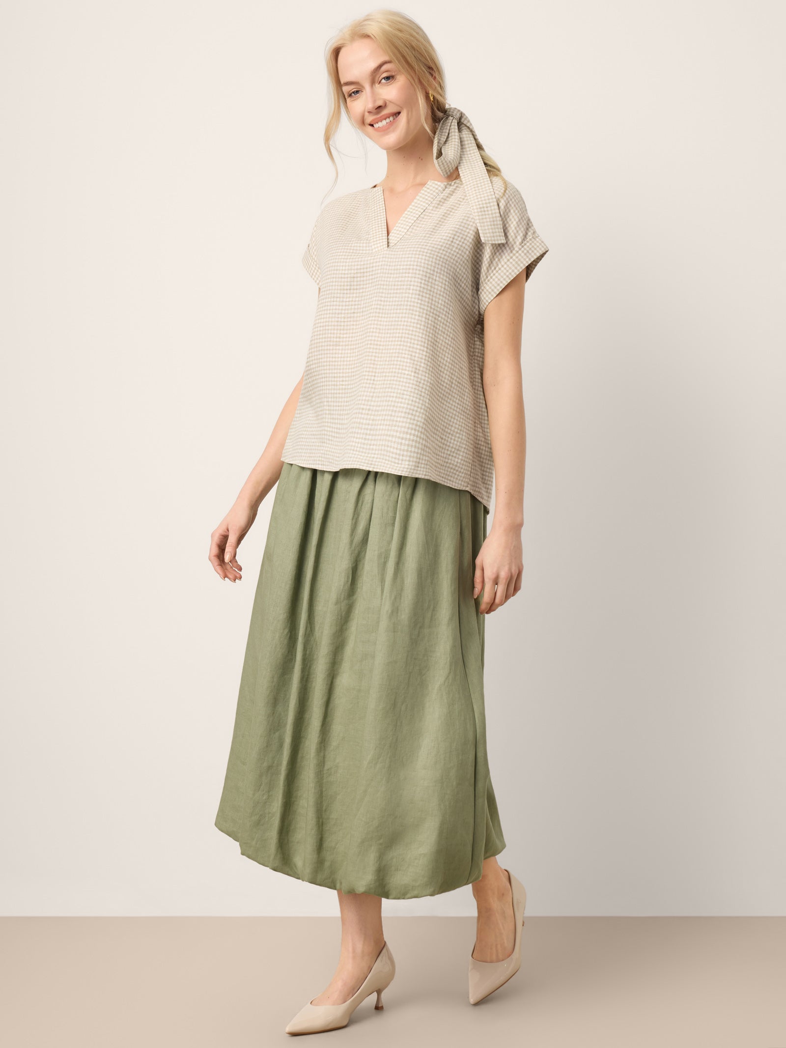 100% Linen Plaid Detachable Tie-Belt Split-Neck Top LEXIE