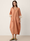 100% Linen Lace-Cuff Cocoon Midi Dress PETRA
