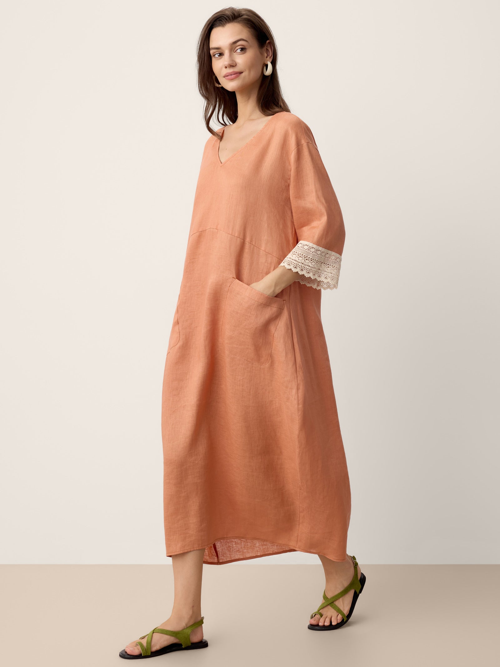 100% Linen Lace-Cuff Cocoon Midi Dress PETRA