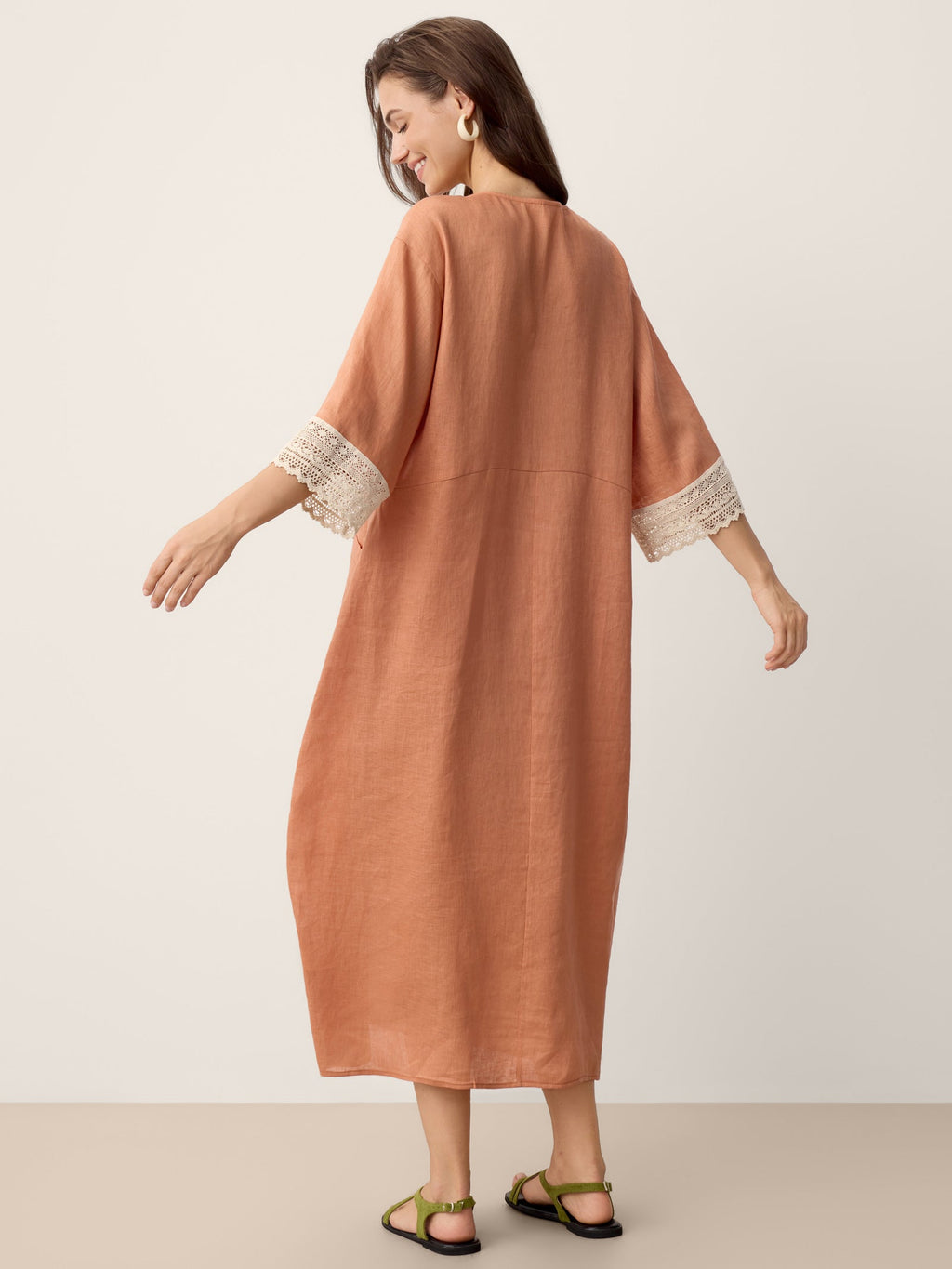 100% Linen Lace-Cuff Cocoon Midi Dress PETRA