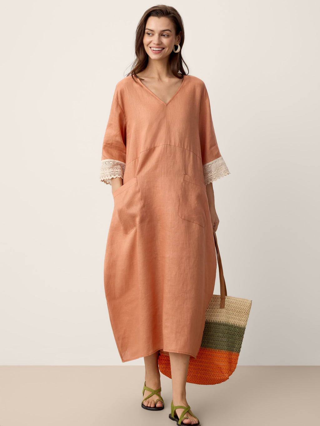 100% Linen Lace-Cuff Cocoon Midi Dress PETRA