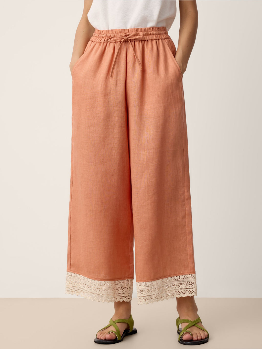 100% Linen Lace-Hem Wide-Leg Pants DARBY