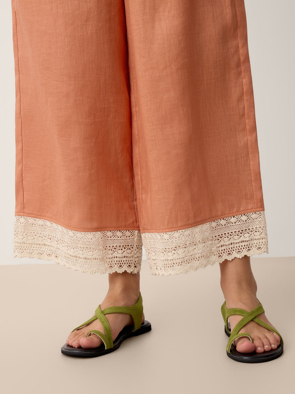 100% Linen Lace-Hem Wide-Leg Pants DARBY