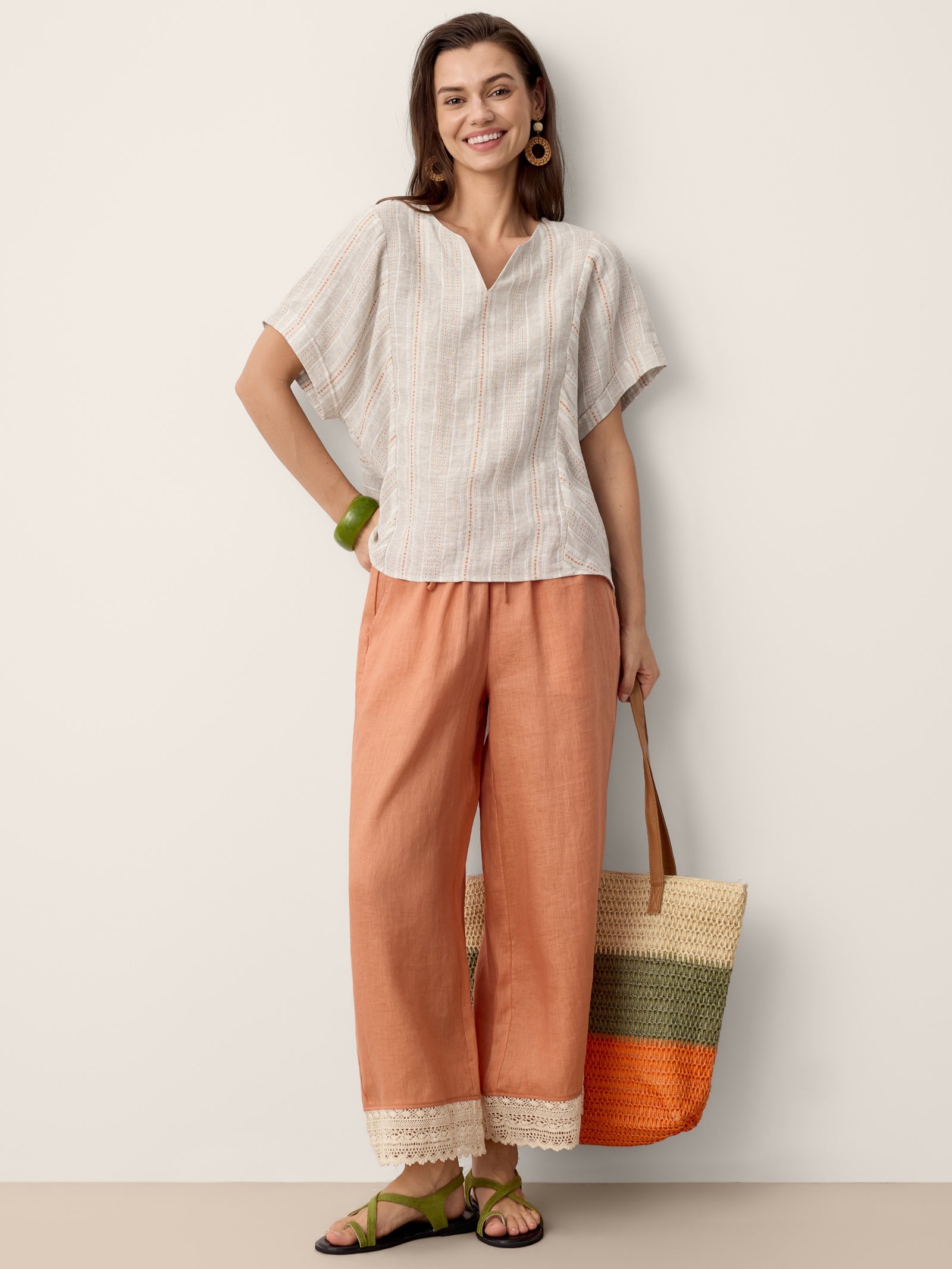 100% Linen Lace-Hem Wide-Leg Pants DARBY