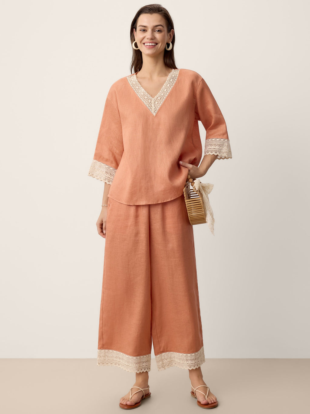 100% Linen Lace-Hem Wide-Leg Pants DARBY