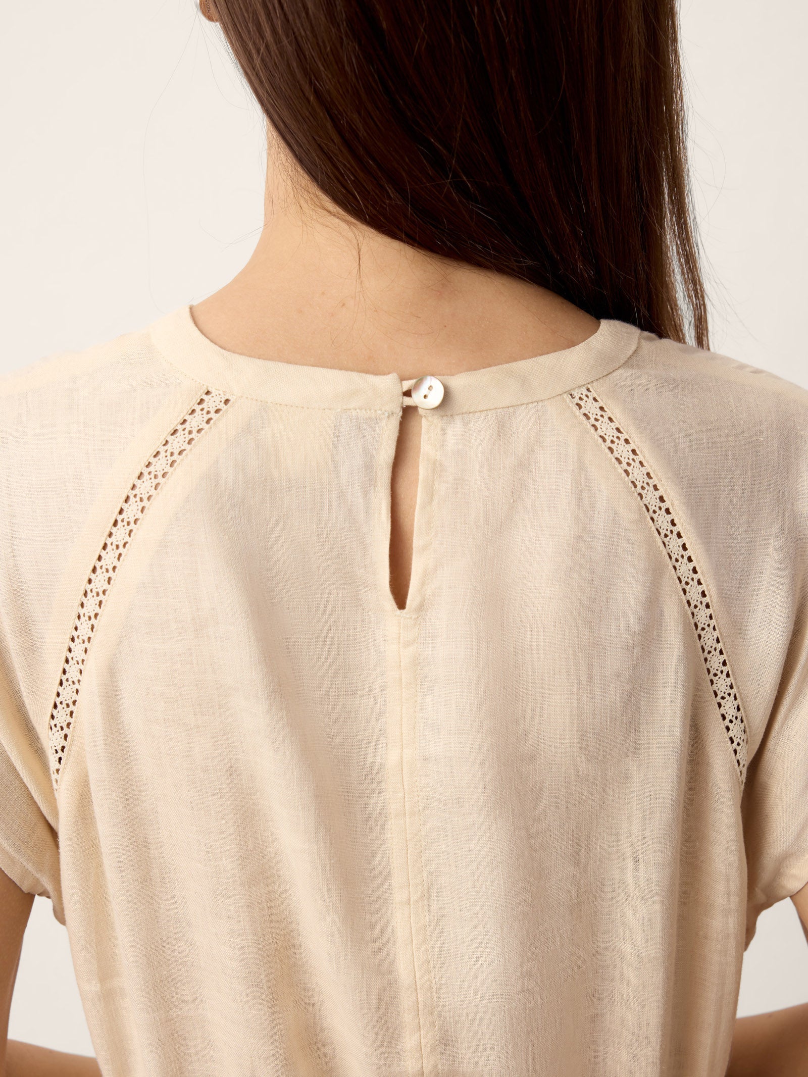 100% Linen Lace-Inset Bubble-Hem Midi Dress LORITA